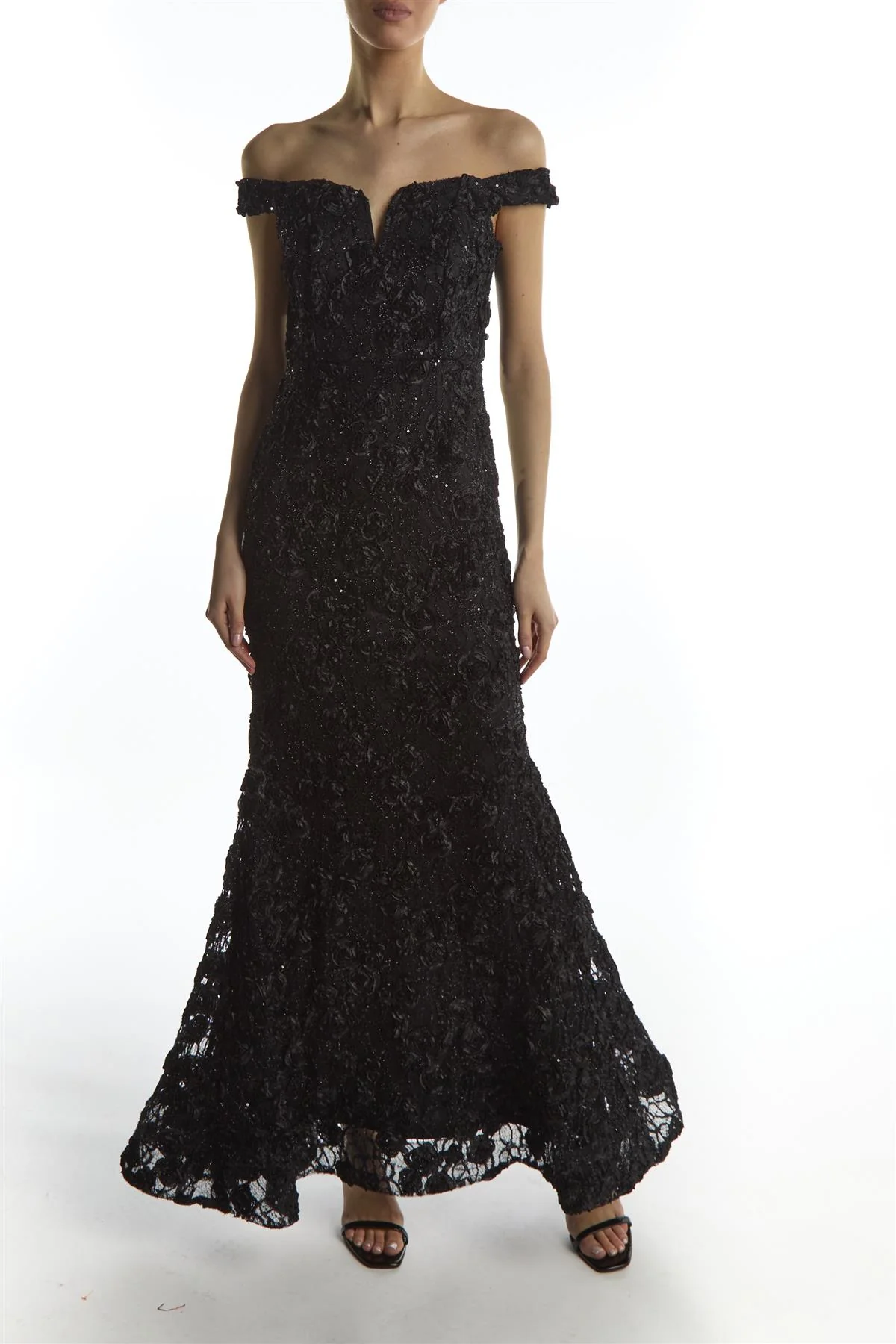 Etta Black Lace Bardot Off Shoulder Evening Maxi Gown