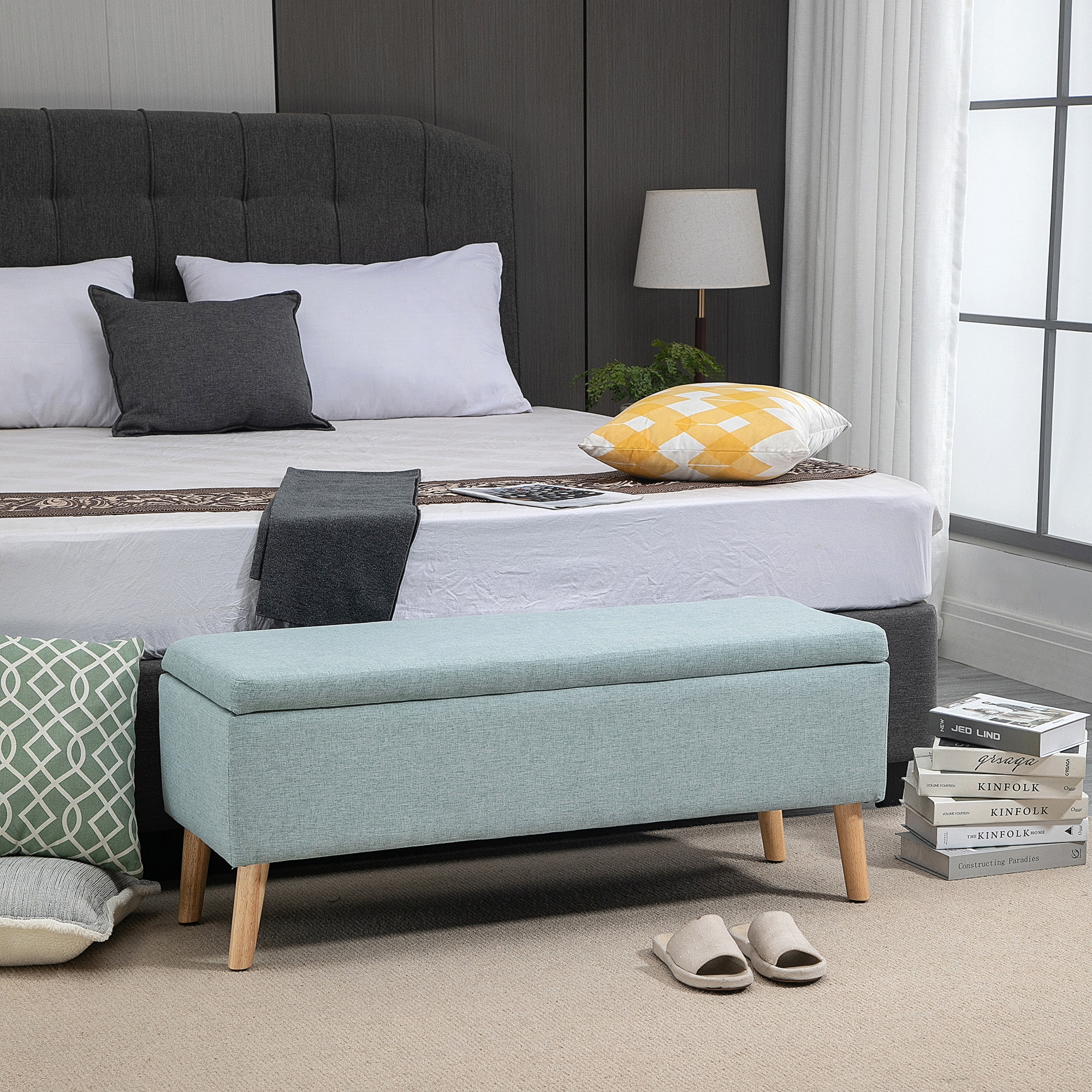 HOMCOM Sitzbank mit Stauraum Polsterbank mit Leinenoptik, Sitztruhe mit Holzbeine, Truhenbank für Wohnzimmer Schlafzimmer Flur 110 x 39 x 45 cm, Hellgrün