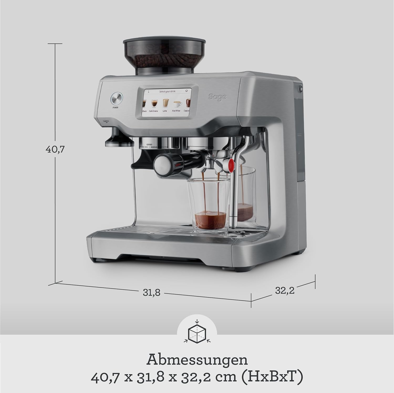 Sage - The Barista Touch - Kaffeemaschine mit automatischem Milchaufschäumer & integriertem Mahlwerk - Touchscreen, abnehmbarer Tamper, 5 Voreinstellungen - Siebträgermaschine - Gebürsteter Edelstahl
