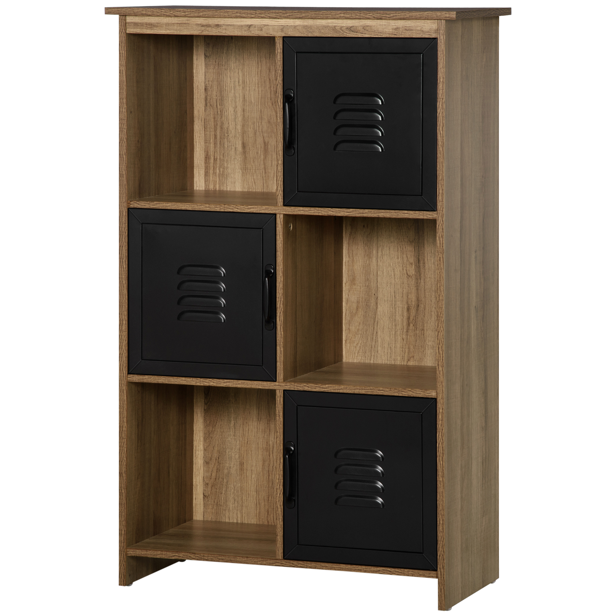 HOMCOM Industrielles Design-Bücherregal - Aufbewahrungsmöbel 3 Fächer 3 Schränke - Holzoptik mit schwarzen Metalltüren