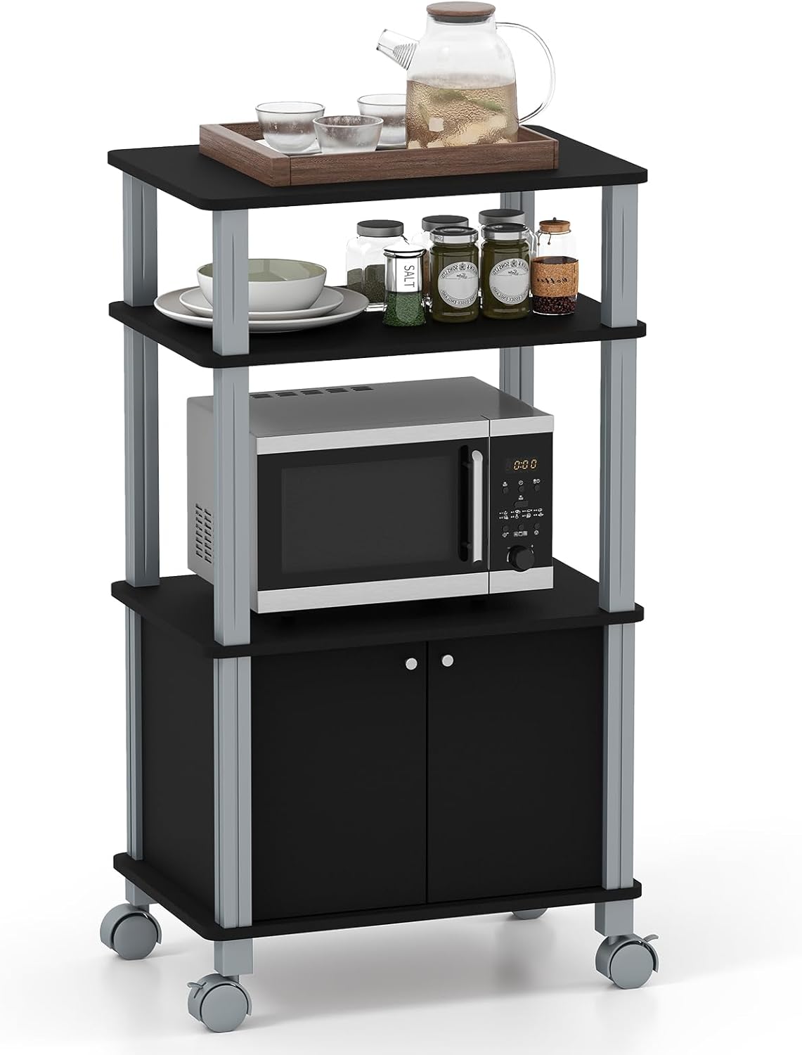 COSTWAY Scaffale da Cucina per Microonde Carrello da Cucina, con Ruote e 2 Ante, Multifunzionale e Movimento Flessibile, 60x40x98 cm (Naturale)