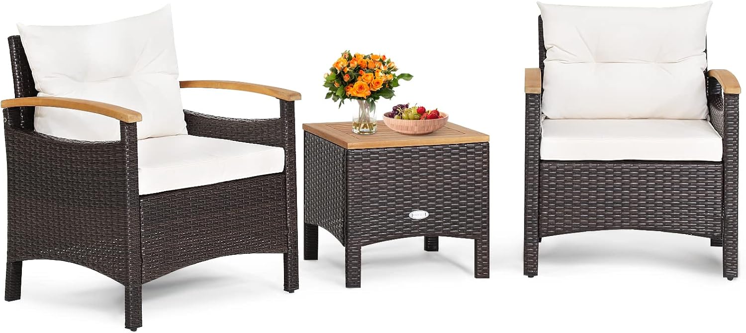 GIANTEX 3 Piece Furniture Set, Outdoor Rattan Bistro Set with Coffee Table, Soft Cushions, Acacia Wood Conversation Set for Patio, Backyard, Poolside, Off White