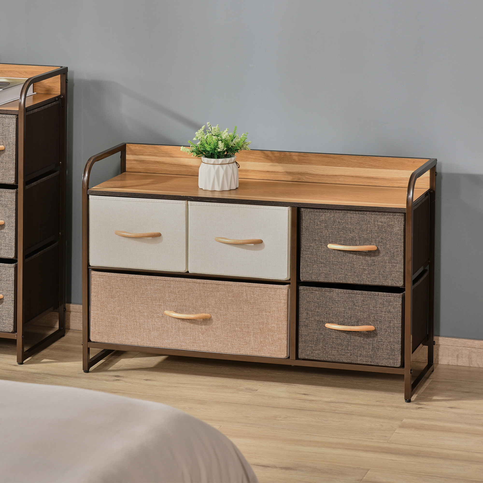 HOMCOM Kommode Aufbewahrungsschrank 5 Schubladen aus Stoff 87,5 x 29 x 58 cm Braun und Beige