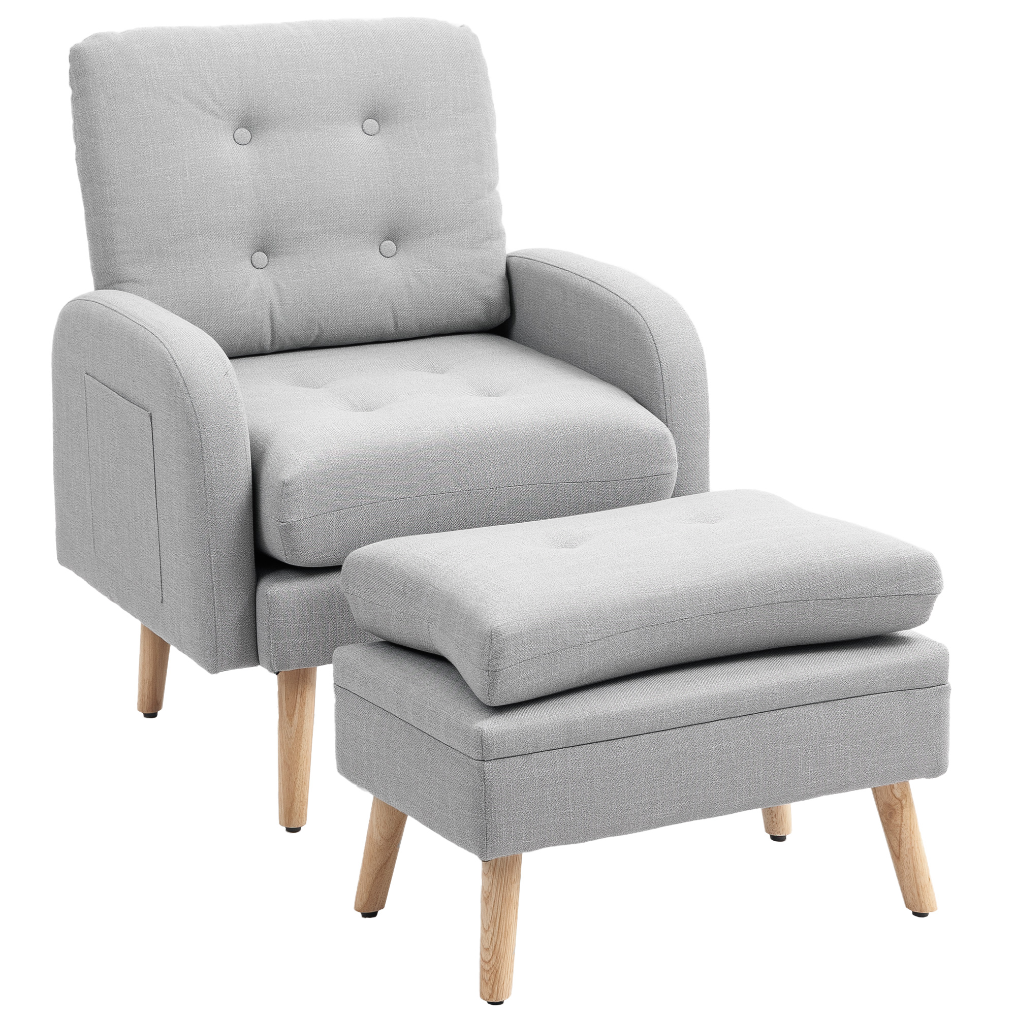HOMCOM Relaxsessel mit Fußhocker Fernsehsessel mit Kissen gepolstert in Leinenstoff 68,5 x 73,5 x 90 cm hellgrau