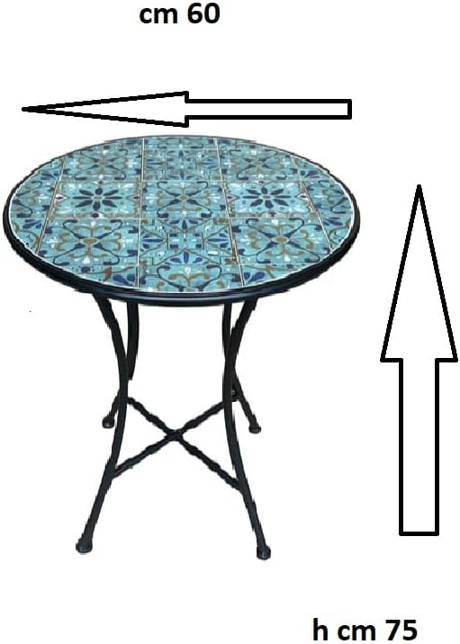 Set of Round Table with 2 Chairs in Metal and Ceramic Mosaic Garden Furniture Blue Sea Terrace Balcony Bar Pub Hotel