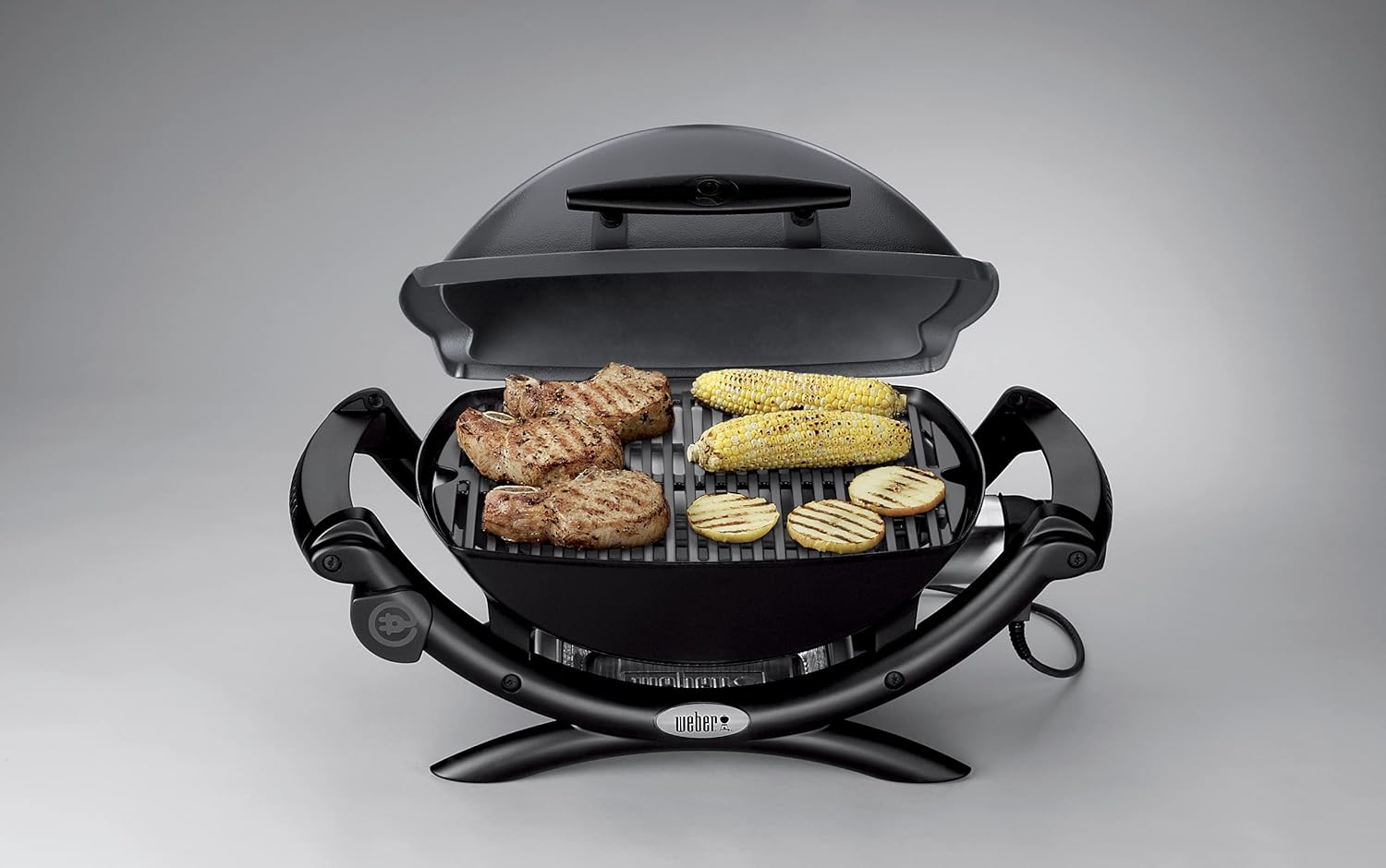 Weber Q1400 Elektrogrill, 43 x 32cm Grillfäche, portabler BBQ Grill, 2-geteilter porzellanemaillierter Guss-Grillrost, Aluminiumguss Deckel & Gehäuse - Dark Grey (52020079)