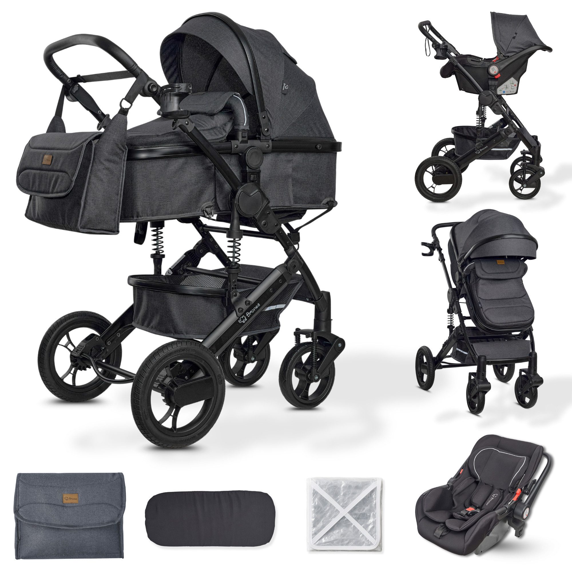 Kombi-Kinderwagen EXQUISE 2.0 Kinderwagen 3-in-1 GRAU/SCHWARZ mit BUGGY, AUTO-BABYSCHALE