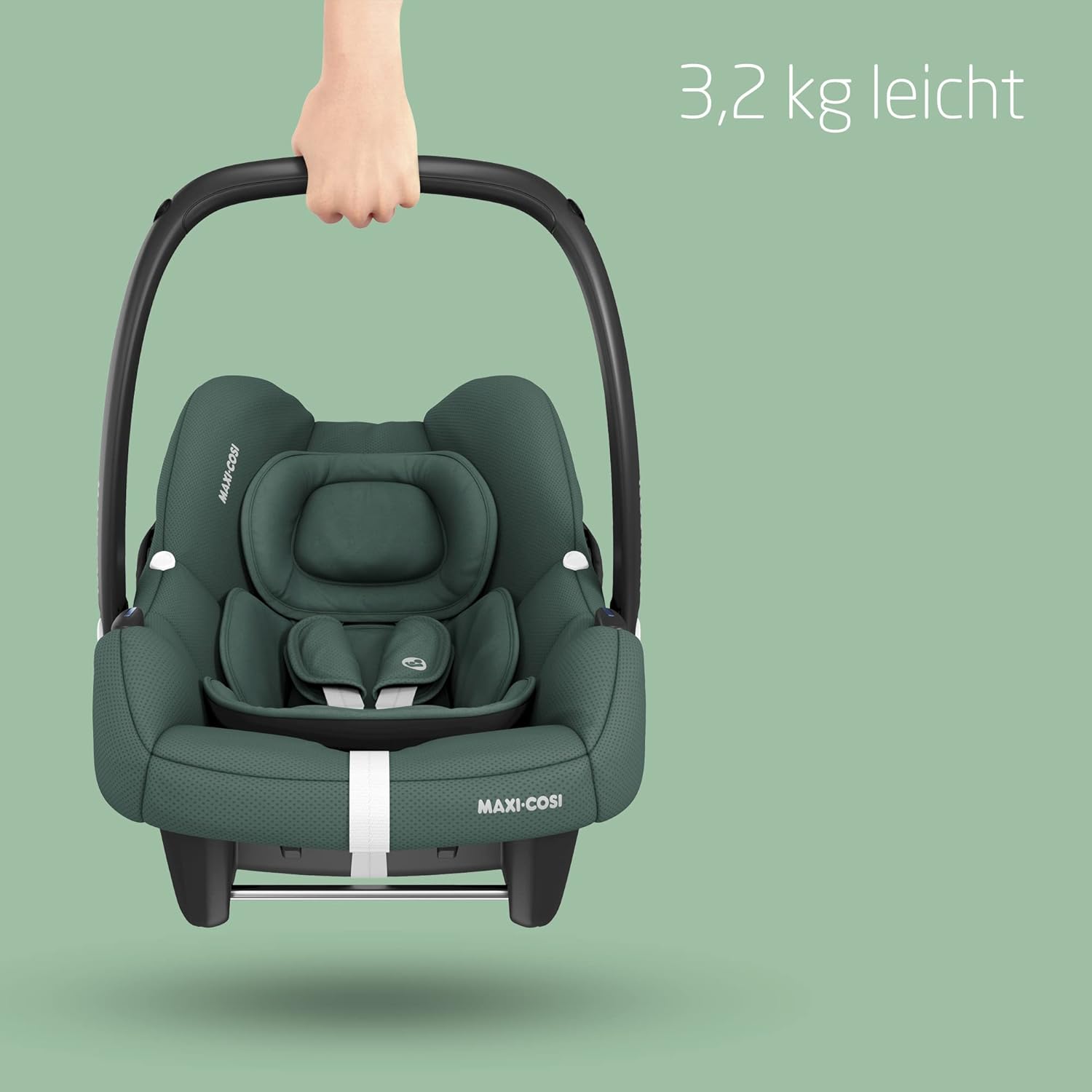 Maxi-Cosi CabrioFix i-Size, Babyschale, 0–12 Monate, max. 12 kg, leichter i-Size Kindersitz (3,2 kg), Sonnenverdeck, gepolsterter Sitz, für viele Maxi-Cosi Kinderwagen, Essential Green
