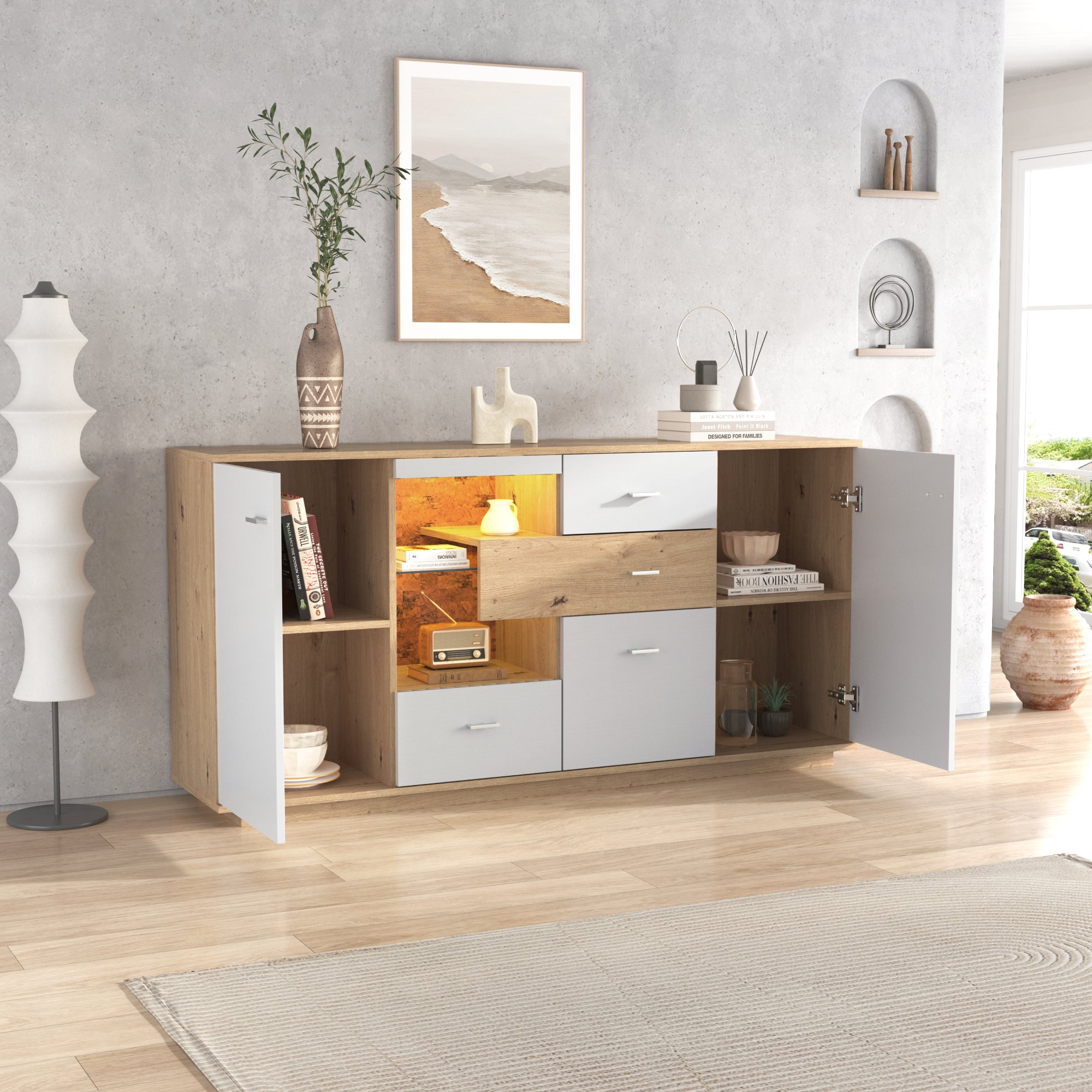 Modernes Sideboard mit LED-Beleuchtung, 2 Türen, 4 Schubladen, Glasablage, Wohnzimmermöbel, Holzoptik+Weiß