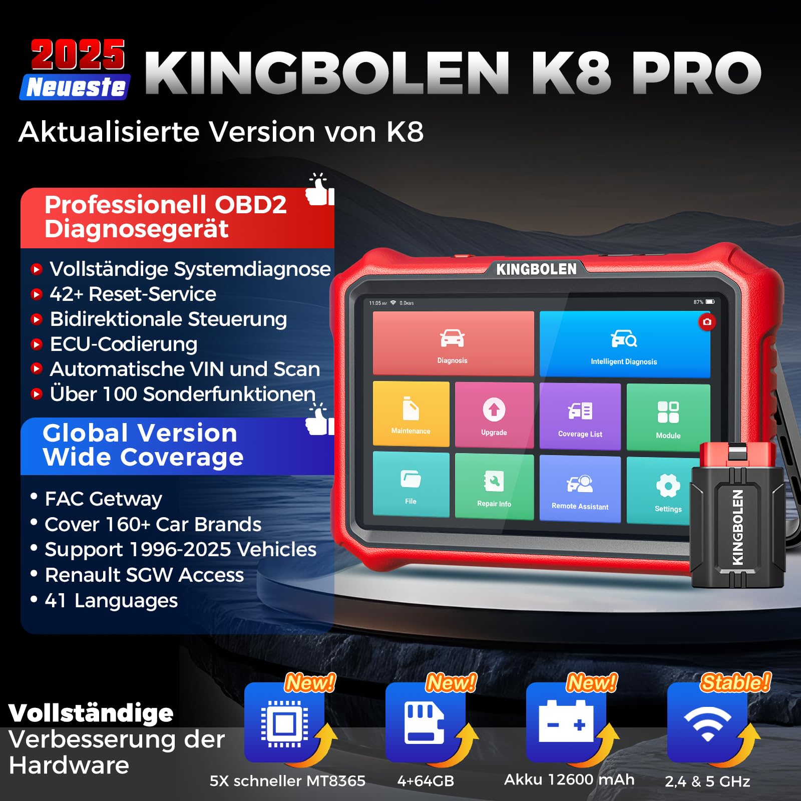 OBD2 Diagnosegerät K8 PRO Bluetooth mit Bi-Direktionaler Steuerung, ECU-Kodierung und 42 Reset-Diensten, Alles-System-Diagnose für V.A.G, FCA, CAN FD