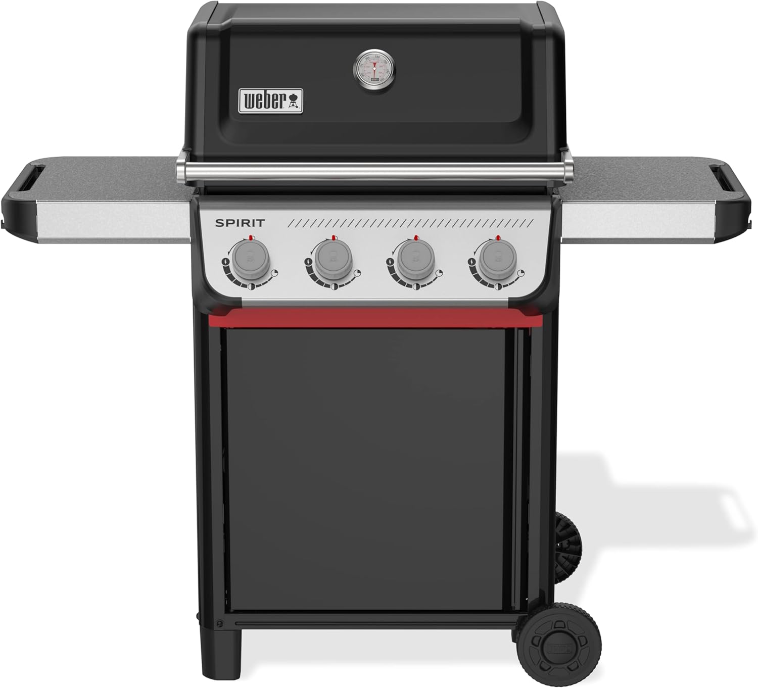 Weber Spirit E-410 Gasgrill / 4 Brenner, Snap-Jet Zündung, Robuste Räder und Warmhalterost, 51 x 46 cm Grillfläche, Kompatibel mit Weber Works Seitenablagen, Schwarz/Silber