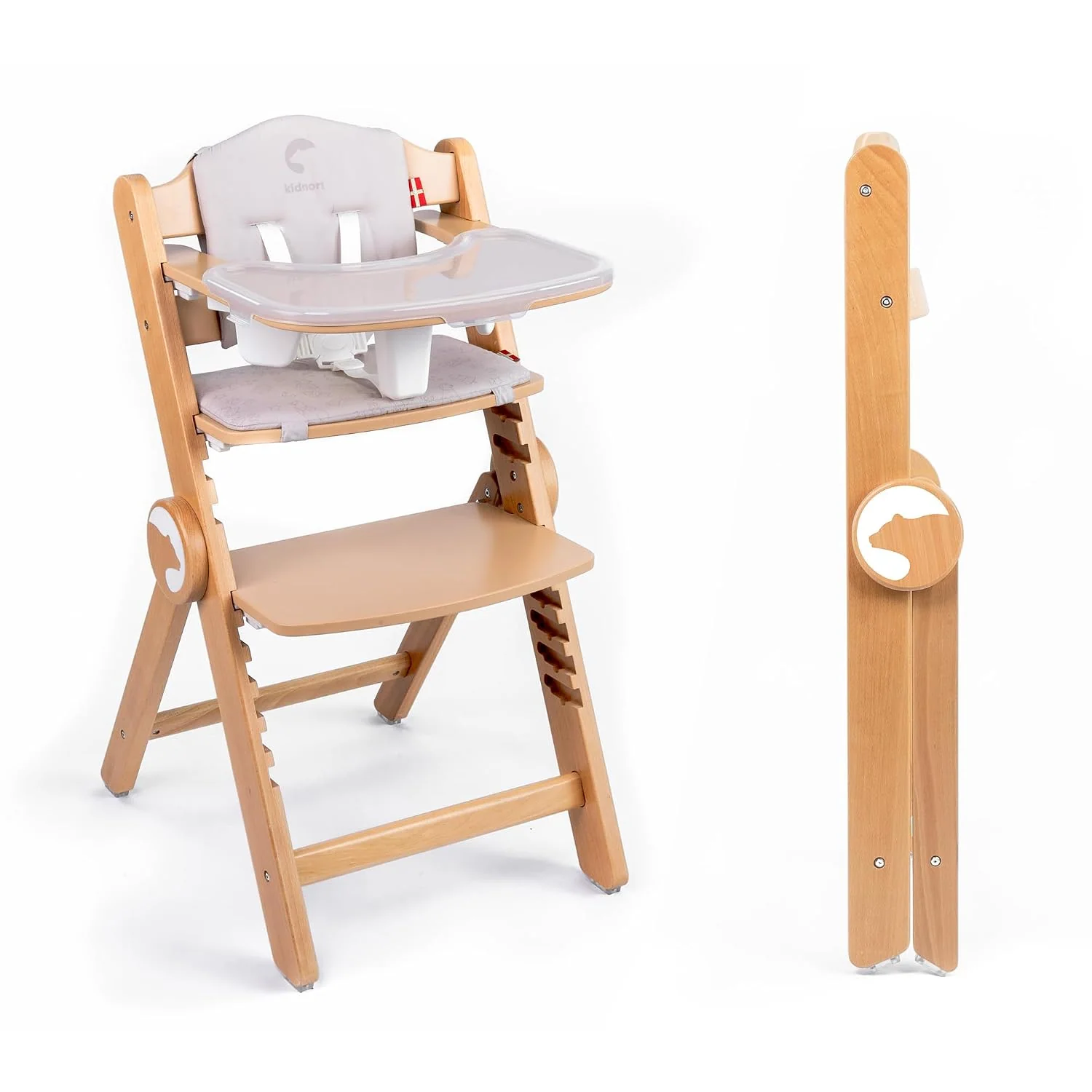 Holzhochstuhl Drömmer Unique bis 75kg Mitwachsender Faltbarer Hochstuhl aus Buche für Kinder mit Sitzkissen 5 Punkt Gurt zusätzliche Ablage