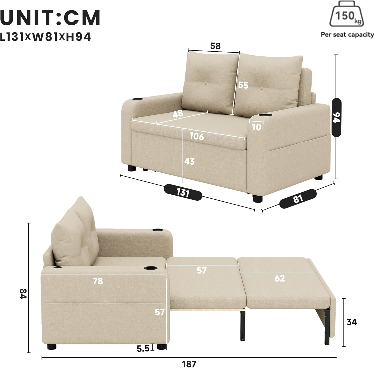 Divano letto 3 in 1 beige, 81 x 94 x 131 cm, con funzione sonno, divano doppio con portabevande, tasche laterali, cuscino, design moderno, adatto per soggiorno e camera da letto