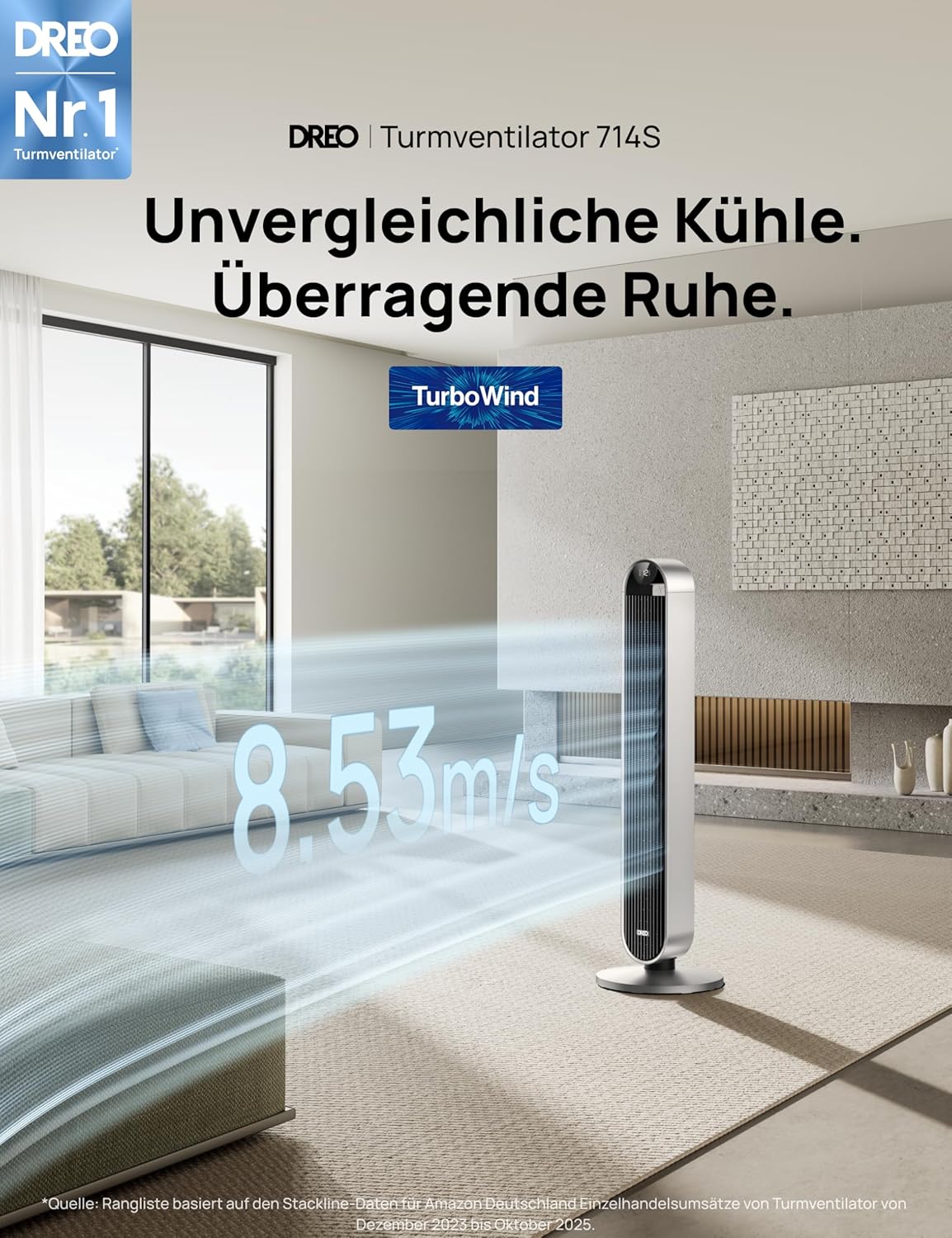 DREO Smart Turmventilator Sehr Leise, 120° Oszillierender Ventilator mit Kühlung, 25dB Standventilator mit Fernbedienung für Schlafzimmer, 12 Geschwindigkeiten, 4 Modi, 12-Stund-Timer, Pilot Max S