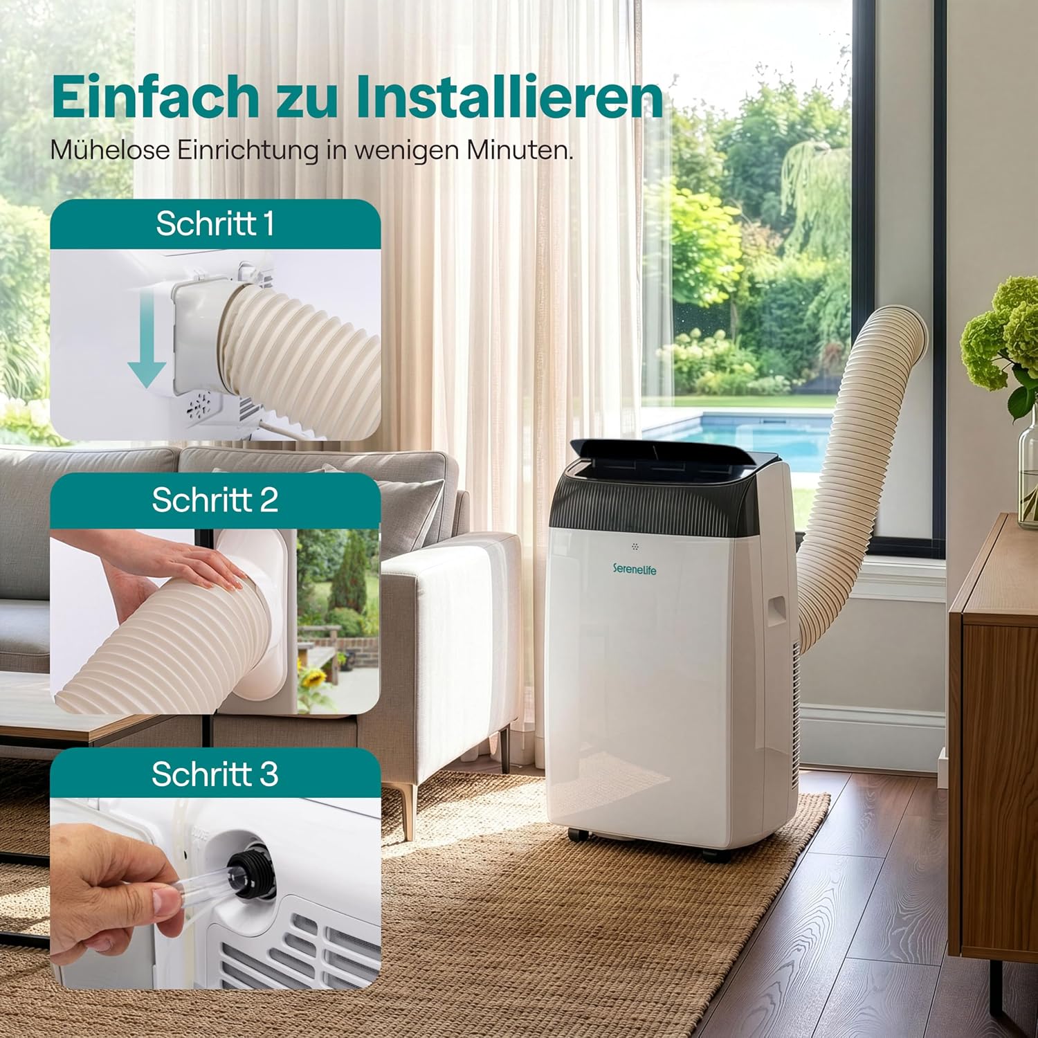 SereneLife Klimaanlage Mobil- mit Abluftschlauch 14000 BTU 2,9kW, 4-in-1 Klimagerät-Kühlen Heizen Ventilieren und Entfeuchten, WLAN- Steuerung, Digitaldisplay, 24h- Timer, bis 45 m²