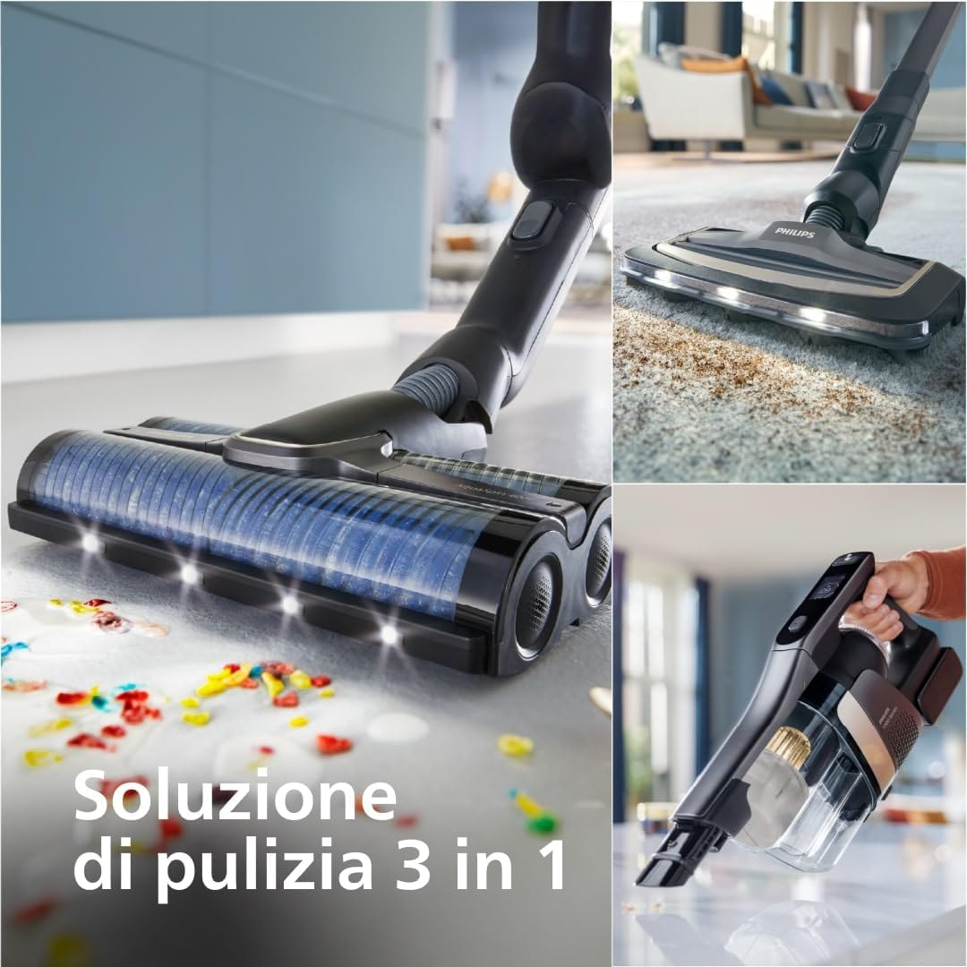 AquaTrio 9000 Aspirapolvere Lavapavimenti Senza Fili, Aspirabriciole, per Polvere, Macchie, Liquidi e Animali domestici, Spazzole AquaSpin ad Alta Velocità, Sistema di Autopulizia (XW9463/11)