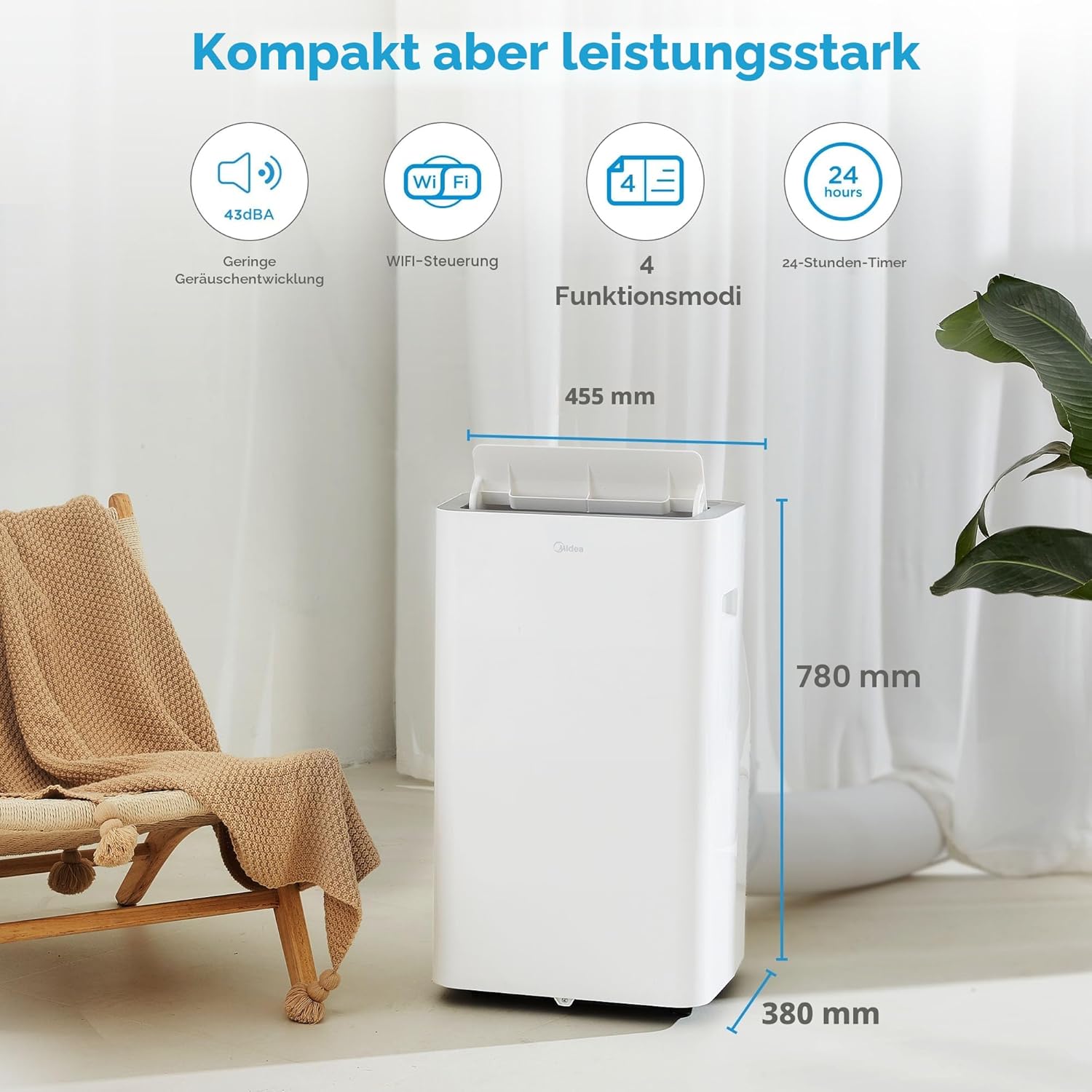 Midea Mobiles Klimagerät Silent Cool 26 Pro WF, 3-in-1 Klimaanlage mit Abluftschlauch, Kühlen&Entfeuchten&Ventilieren, 9000 BTU, 2.6kW, für Räume ca. 80m³(32㎡), EEK A