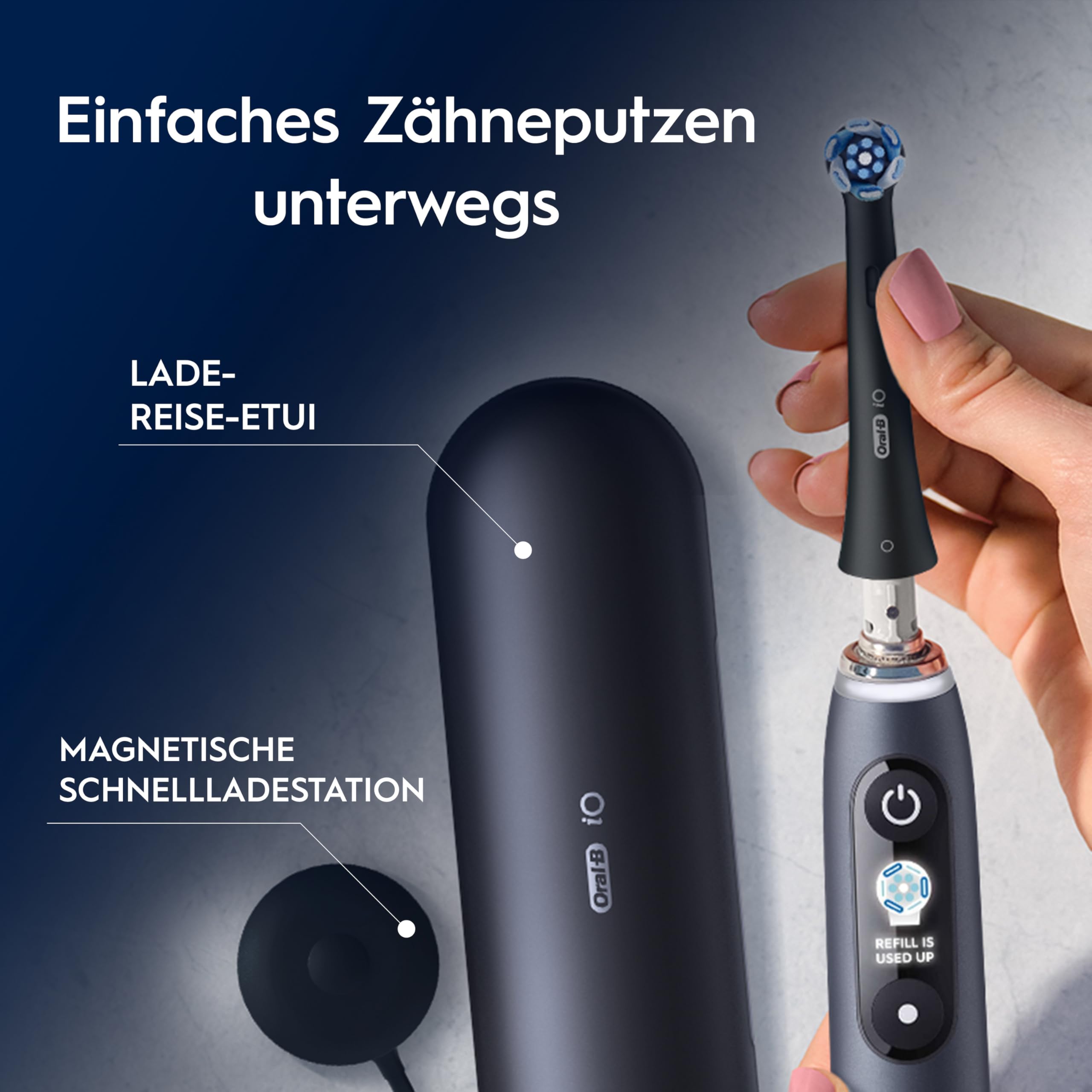 Elektrische Zahnbürste iO Series 9 mit 7 Putzmodi, 3 Aufsteckbürsten, Lade-Reise-Etui und Ladestation in Schwarz