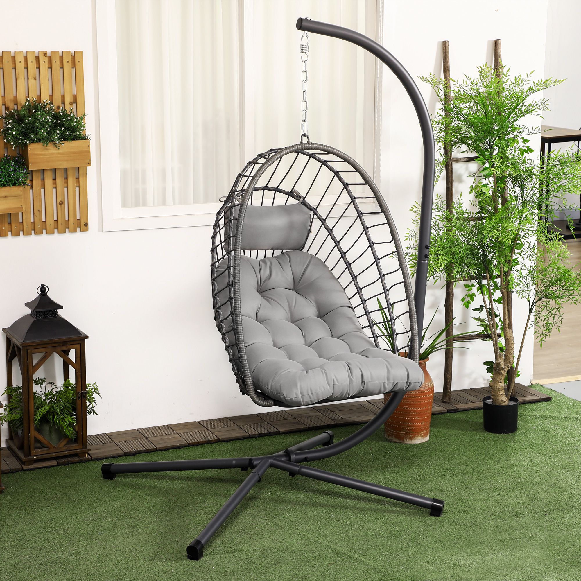 Outsunny Hängesessel Korbsessel Loungesessel, wetterbeständig, 1 Polster, 100 cm x 131 cm x 194 cm, Hellgrau