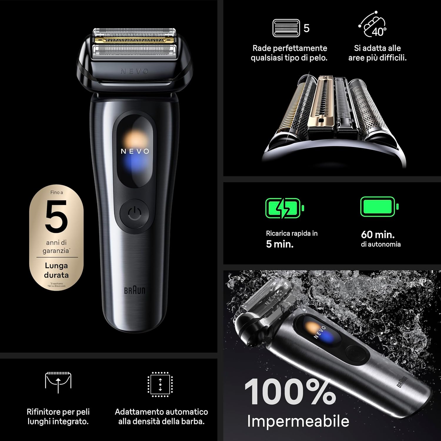 Braun NEVO Rasoio Elettrico Barba, Custodia Da Viaggio, NEVO15115C, Grafite