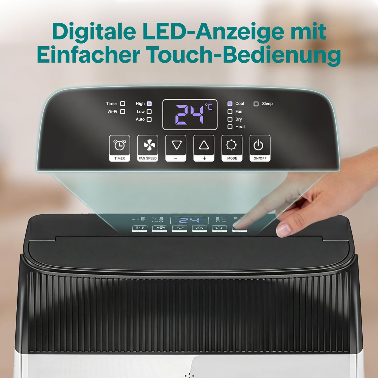 SereneLife Klimaanlage Mobil- mit Abluftschlauch 14000 BTU 2,9kW, 4-in-1 Klimagerät-Kühlen Heizen Ventilieren und Entfeuchten, WLAN- Steuerung, Digitaldisplay, 24h- Timer, bis 45 m²
