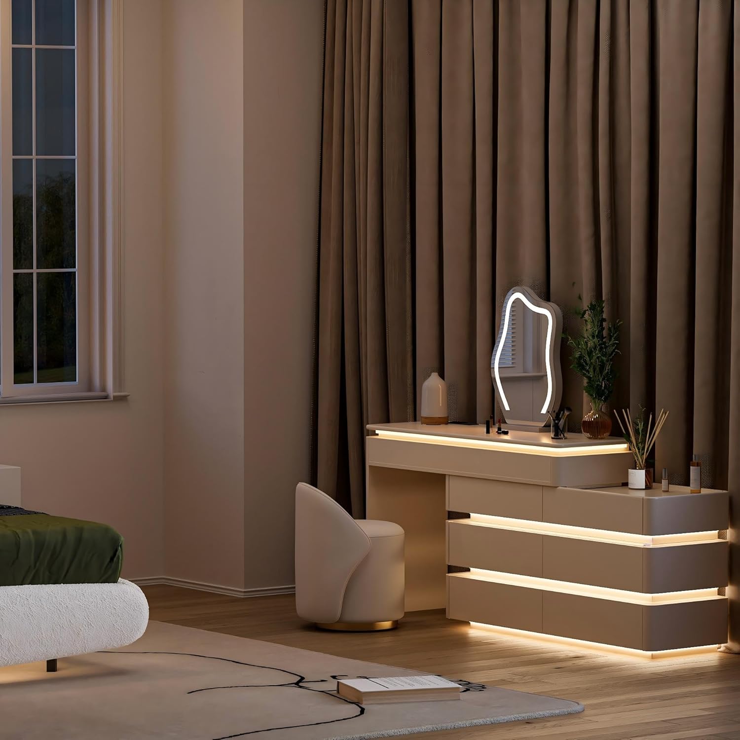Homary Schminktisch mit Beleuchtung, Modern Schminktisch mit Ausziehbarem Design, Dimmbarer LED-Beleuchtung und Integrierter Ladestation für Ihre Beauty-Tools