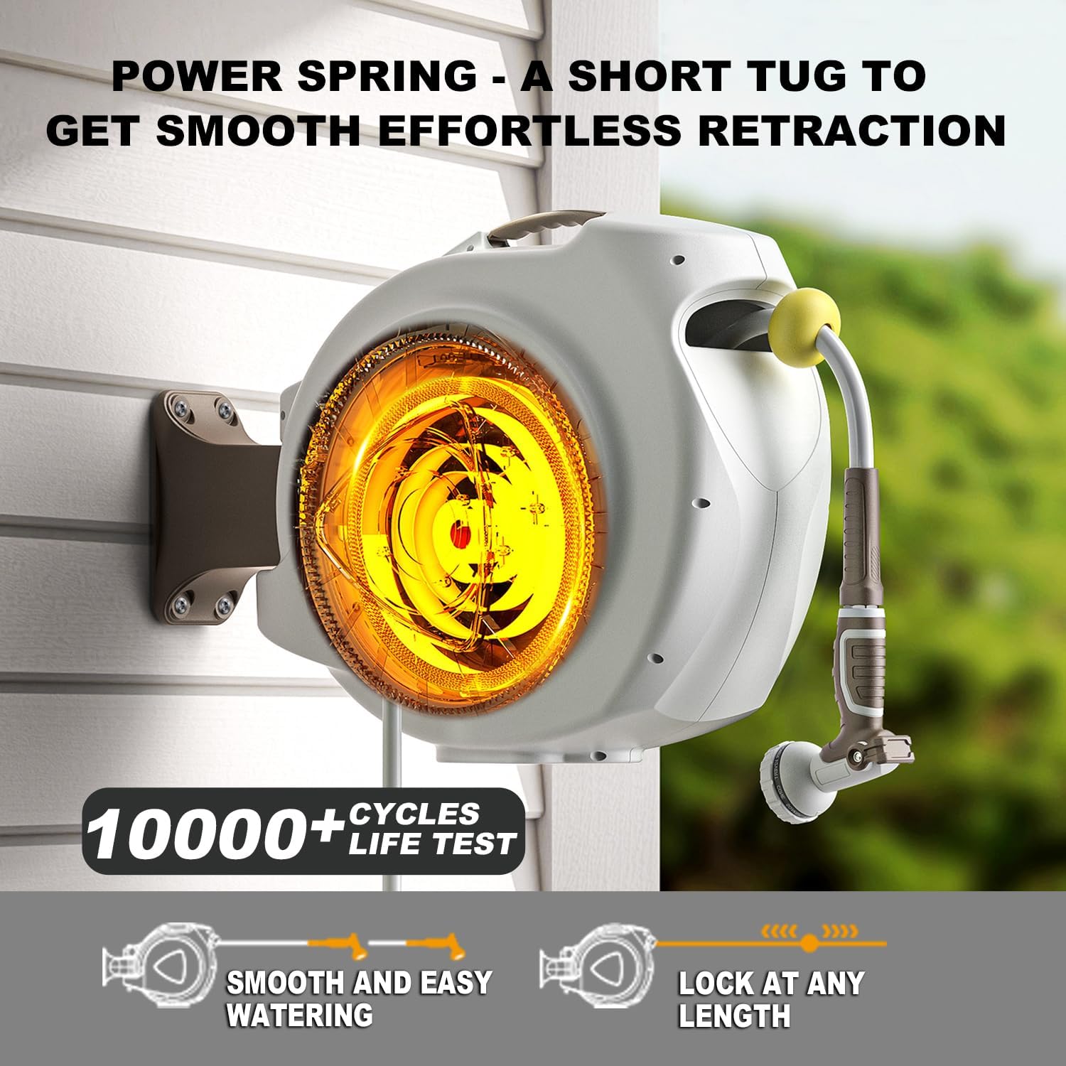 Retractable Garden Hose Reel  5/8 in 100+6 ft  Heavy Duty Wall Mounted Water Hose Reel  Spring Power Automatic Rewind  Any Length Lock  180° Swivel Bracket  10 Pattern Spray Nozzle