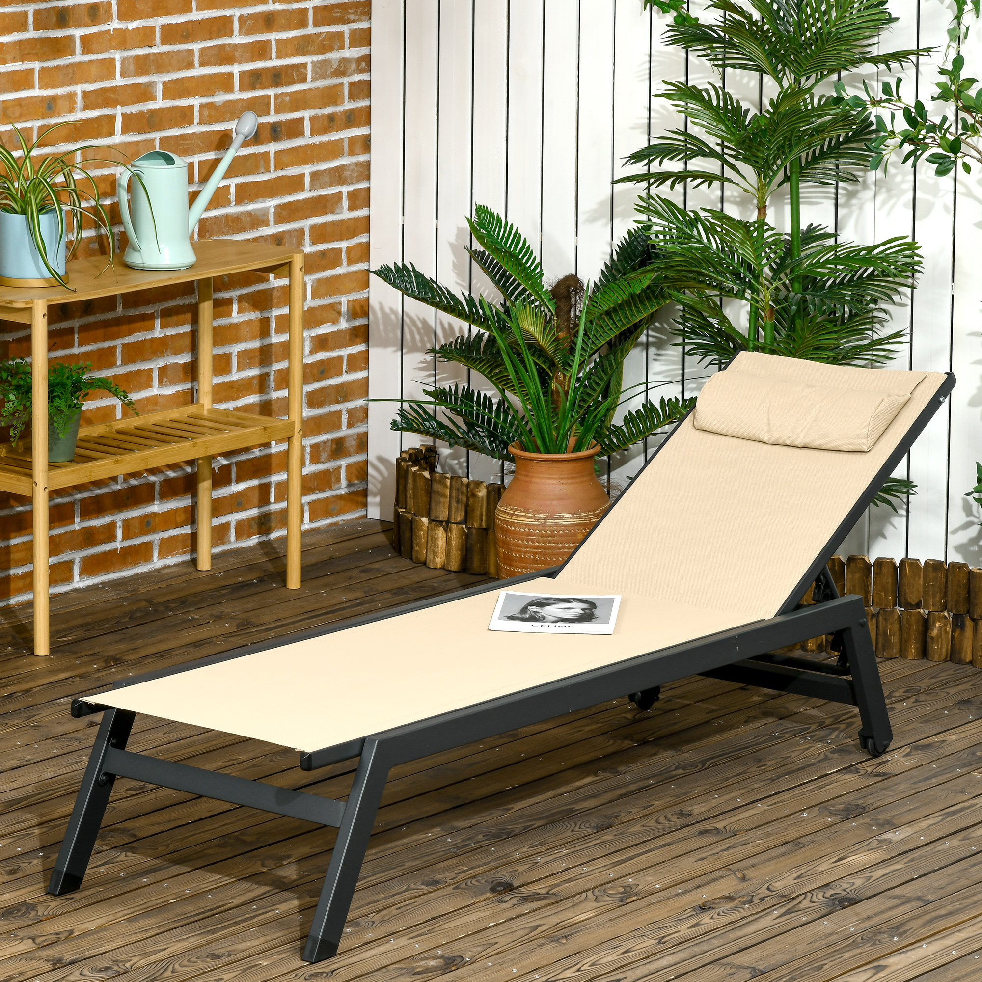 Outsunny Sonnenliege Liegestuhl aus Aluminium und Textilene mit Rollen und verstellbarer Kopfstütze Khaki
