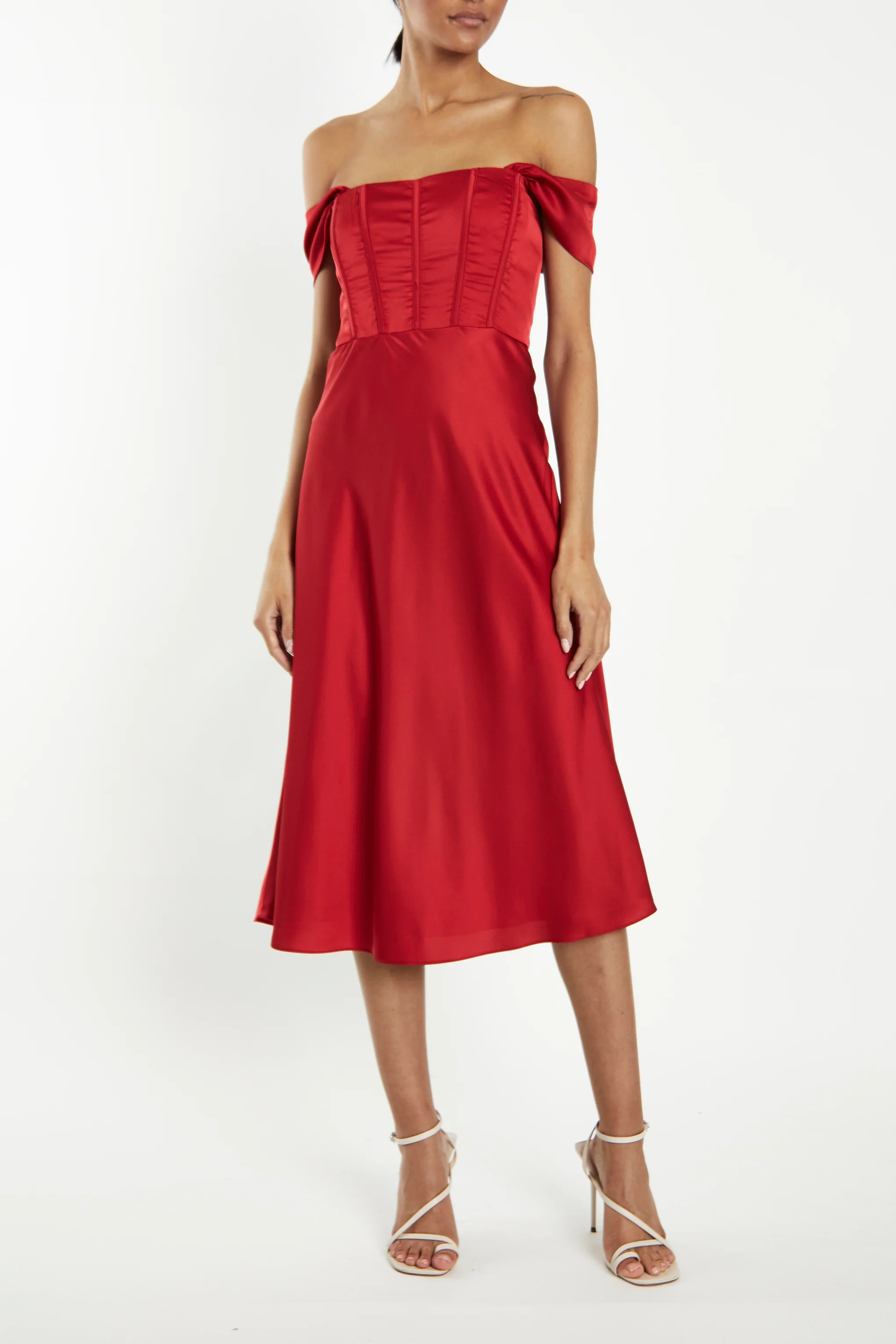 Agatha Cherry-Red Satin Corset Midi Slip Dress