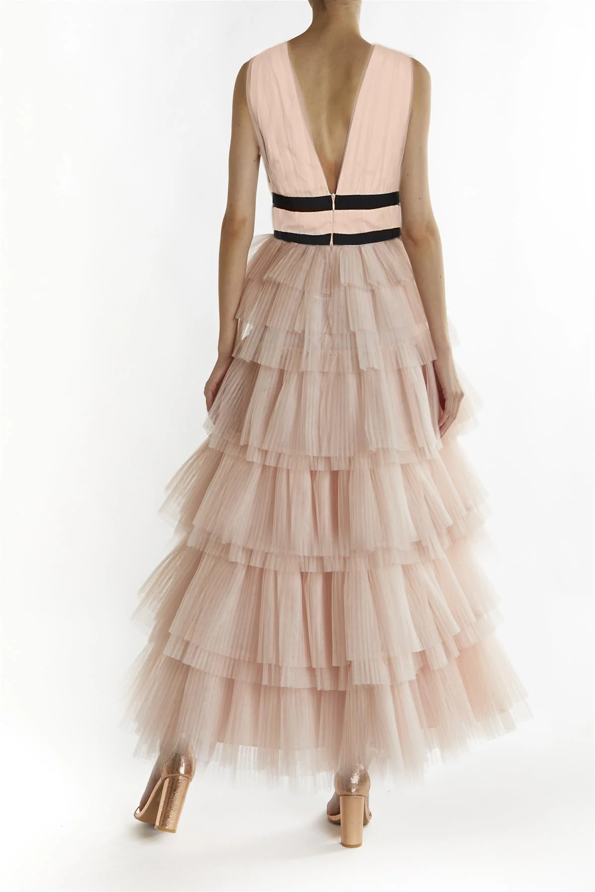 Nude-Peach Eliza Plunging Neck Layered Tulle Skirt Maxi-Dress