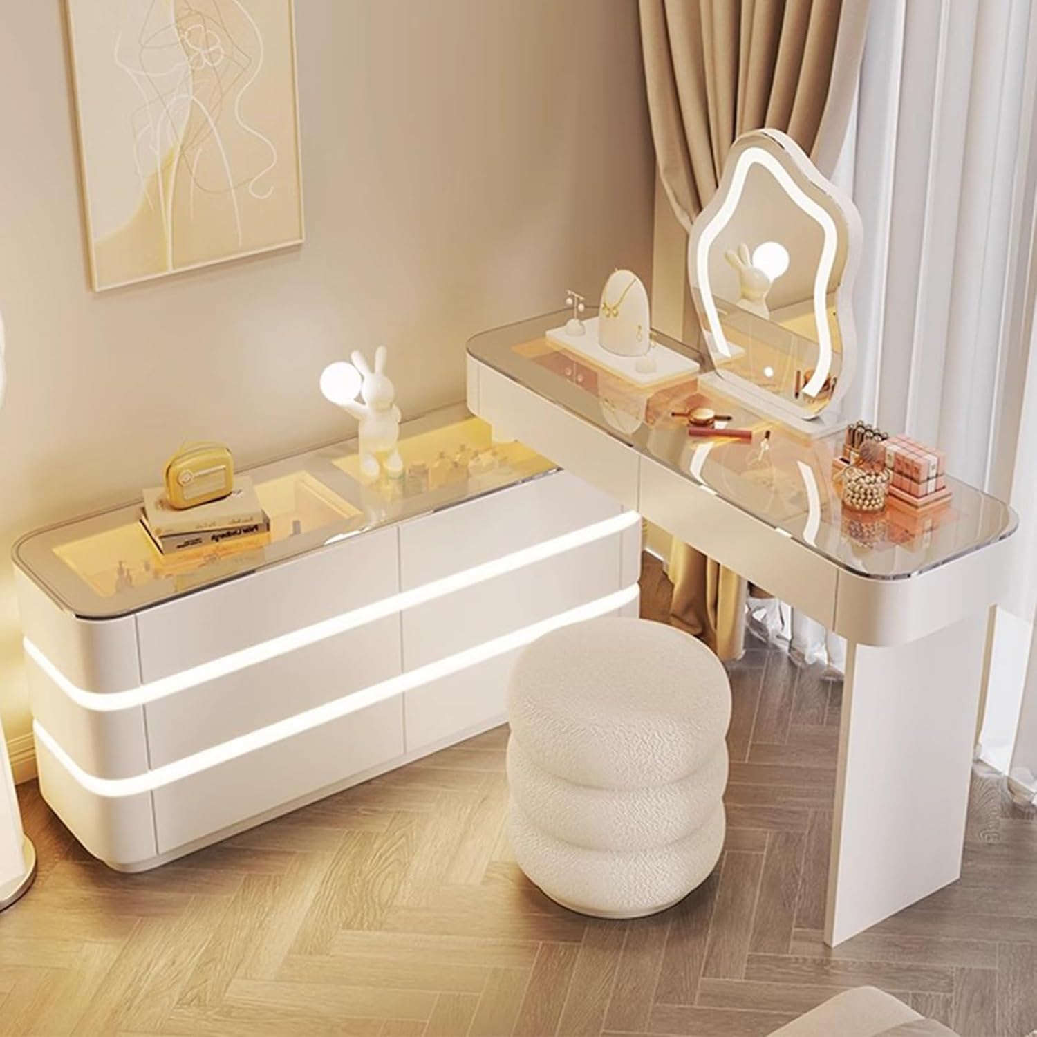 Makeup Table with Lights and Adjustable LED Sockets, Makeup Table with 8 Drawers, for Bedroom