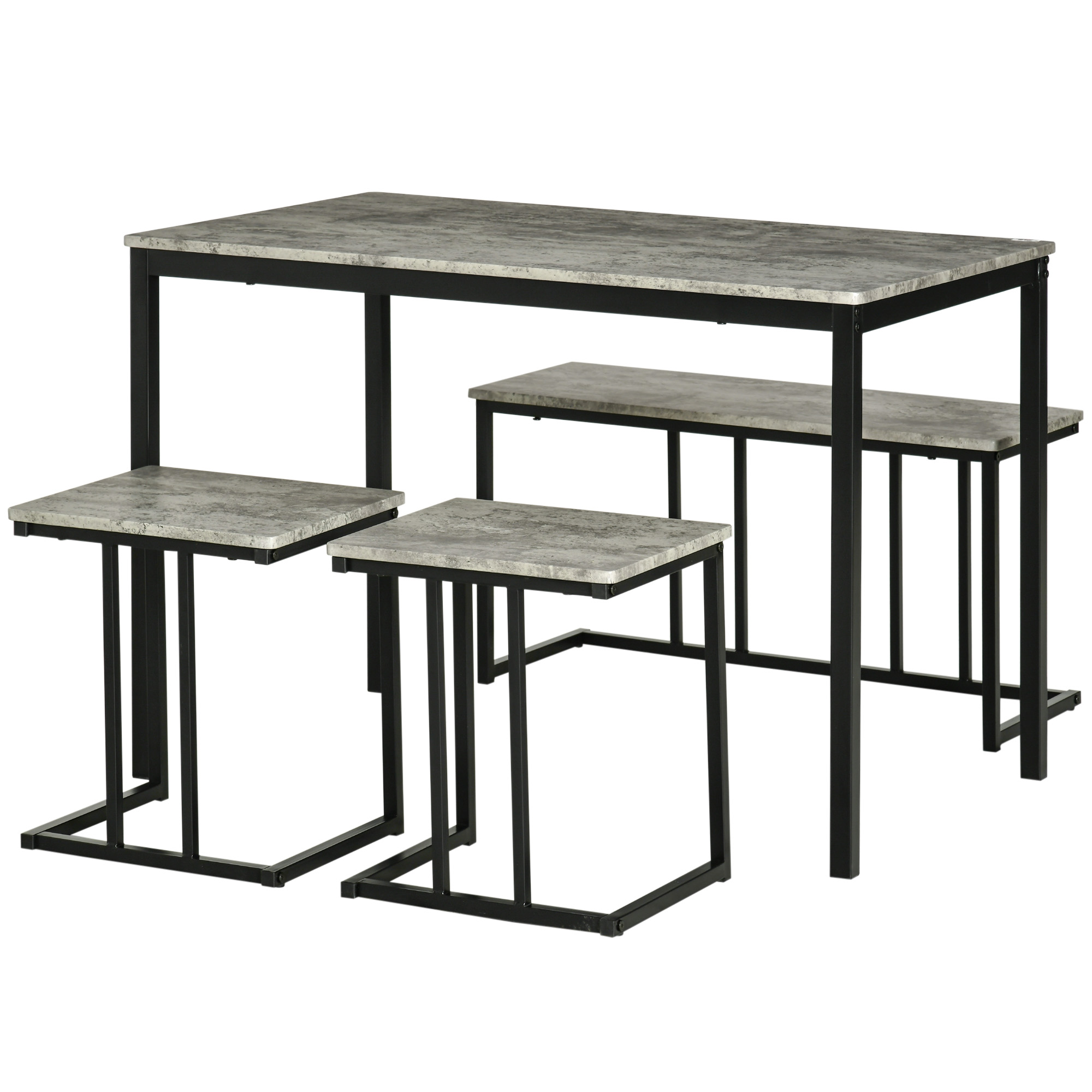 HOMCOM Essgarnitur, 4-teilig, Tisch, 2 Hocker und Bank, kompakt, Metallrahmen, Grau