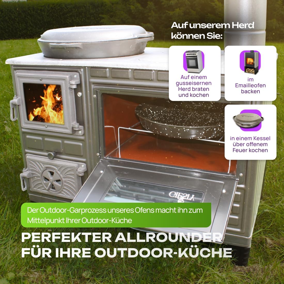 Outdoor-Küchenofen Terrassenofen, Holzofen mit Holz und Holzkohle, Garten-Kamin, Outdoor-Küchenherd, Kuzine Soba (Gusseiserne Tür+2 Rohre)