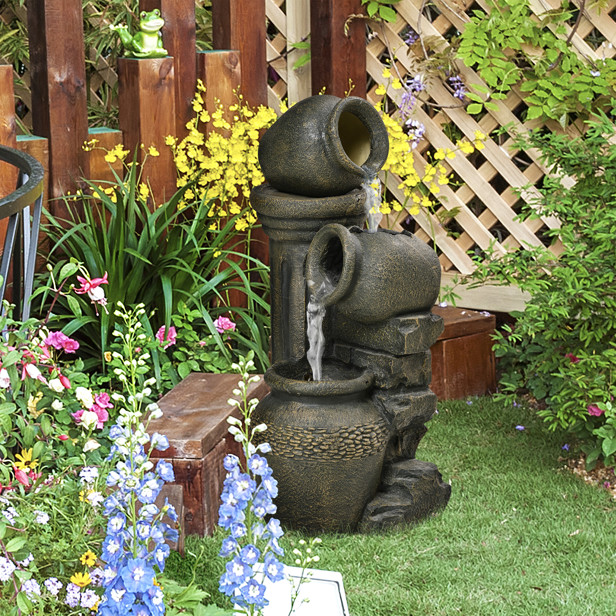 Outsunny Springbrunnen, verstellbare Pumpe, wetterbeständig, 25 cm x 24 cm x 60 cm, Grau