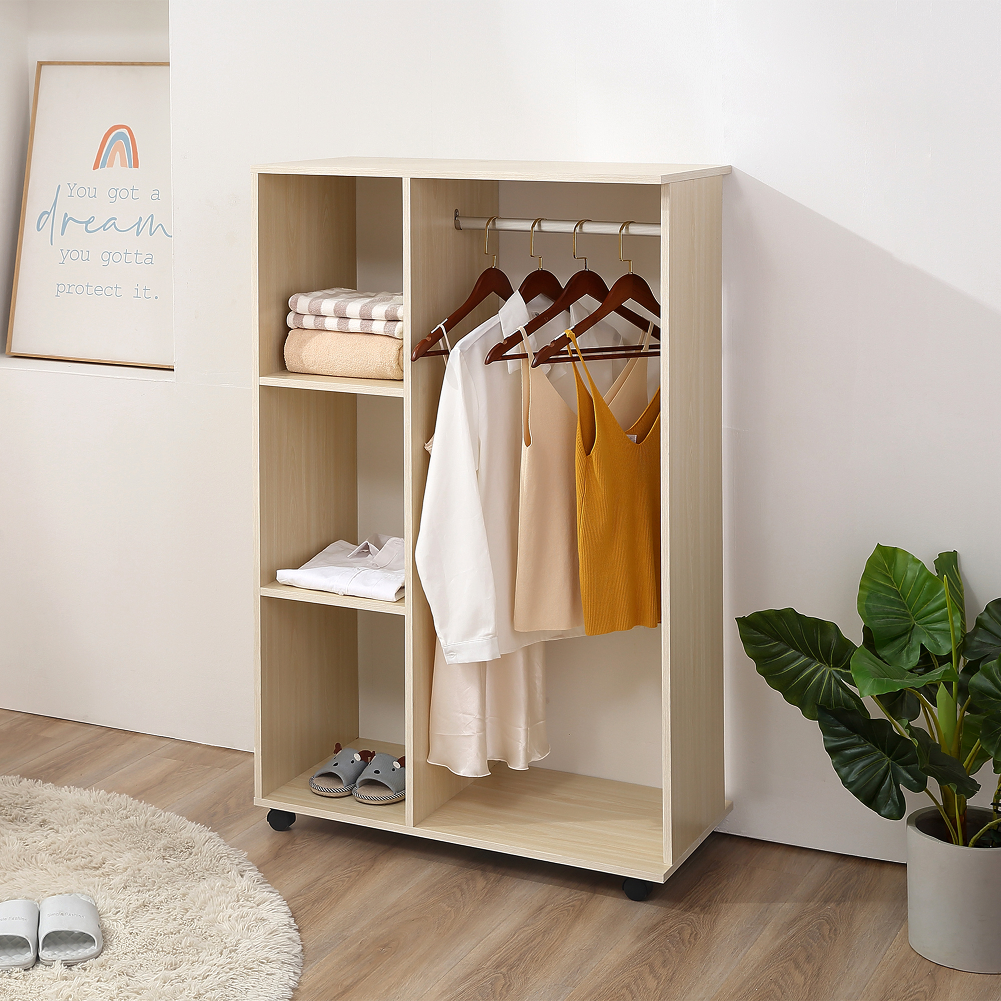 HOMCOM Kleiderschrank auf Rollen, mobile Garderobe, Garderobenschrank, Rollbarer Kleiderständer, 80 x 40 x 128 cm, Natur