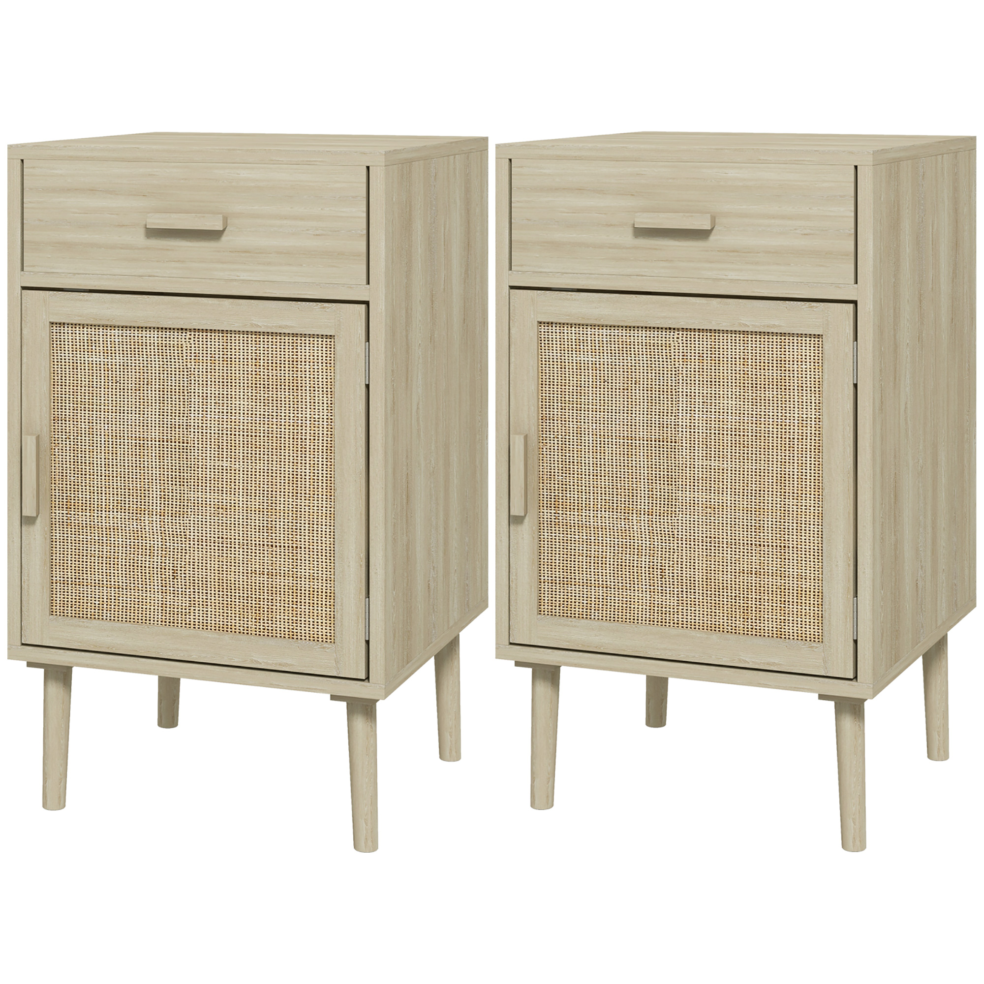 HOMCOM Set 2 Nachttische für das Schlafzimmer mit Schublade und Tür im Rattan-Boho-Stil, Farbe Holz