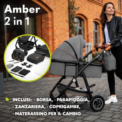 LIONELO Amber Passeggino 2in1 Duo Passeggino da 0 a 48mesi con Seduta secchiello   Navicella per neonato e bambini a 22kg Regolabile, pieghevole e leggero Ruote grandi Cappotina XXL : Prima infanzia