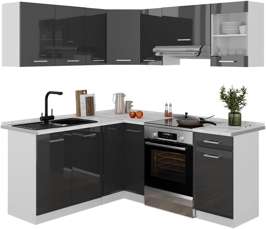 Vicco Cucina angolare completa Rick, Antracite lucido/bianco, 190 x 60 cm, PL Marmo