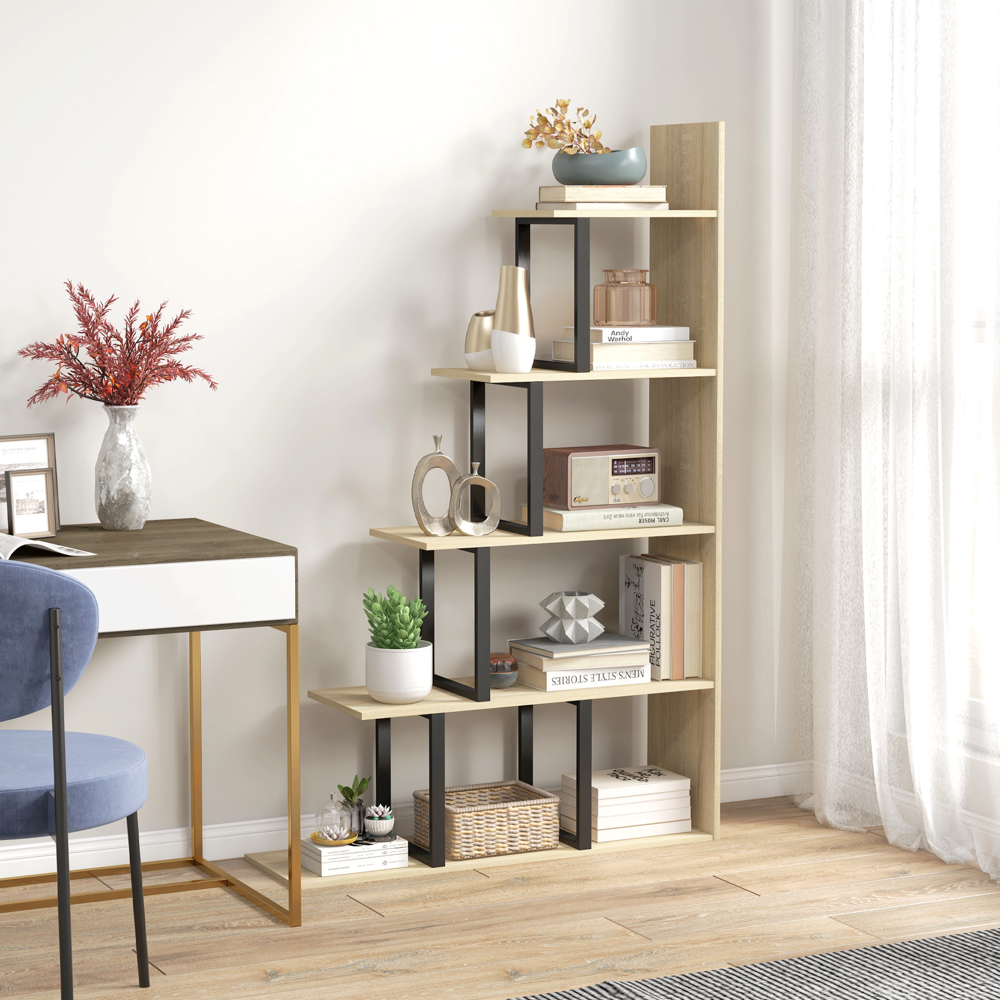 HOMCOM Bücherregal Raumteiler Industriestil in Treppenform 5 Regale 102 x 30 x 160 cm Eiche