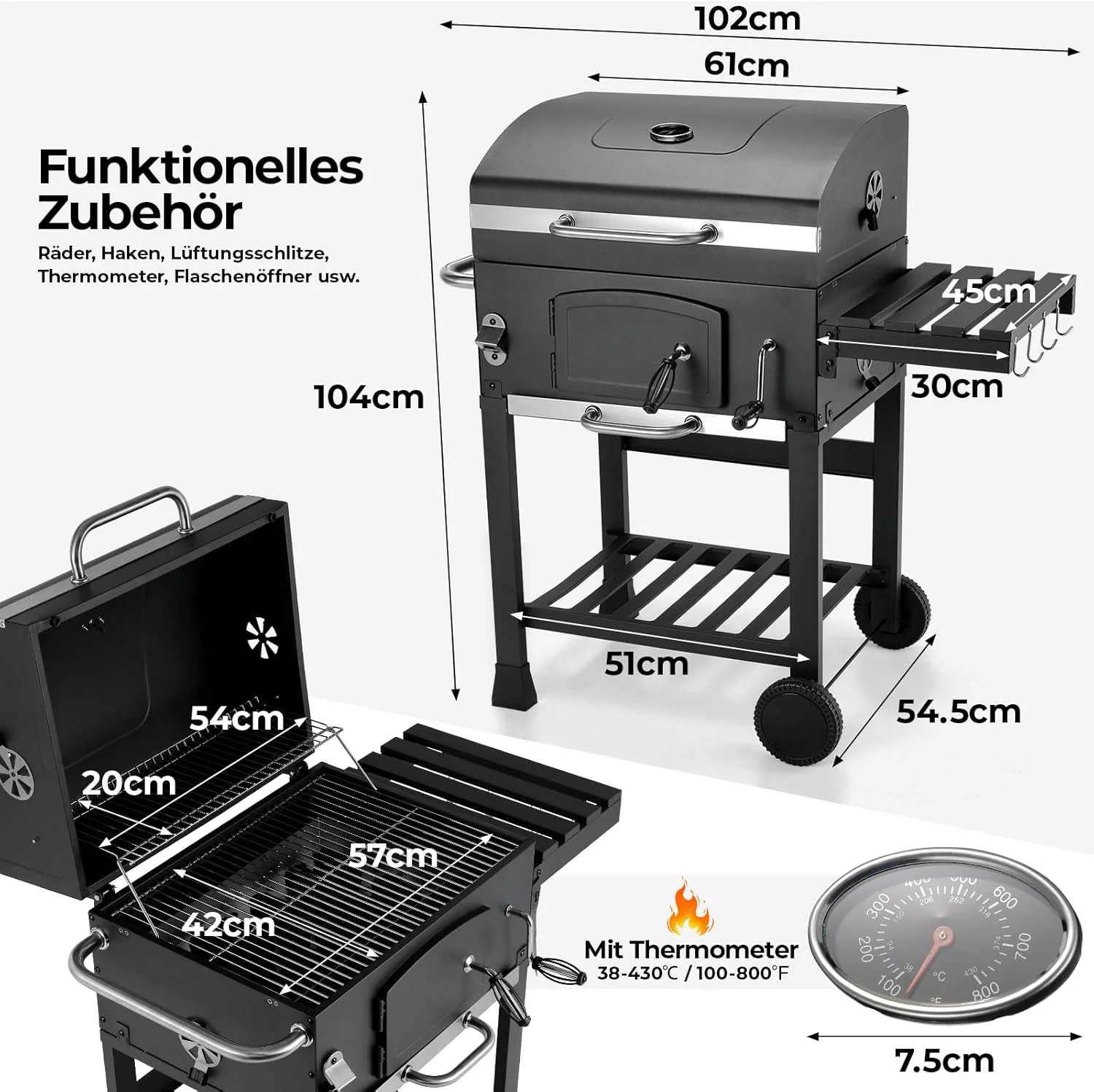 Barbacoa de Carbon XXL, Parrilla de Carbón con Chimenea y Tapa, Parrilla con Carrito BBQ Smoker con Ruedas y Termómetro, Grande BBQ Carbon para Camping y Jardín