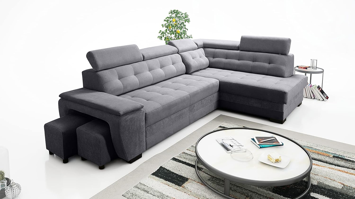 Robin Inspire Grand Divano angolare con funzione di letto cassetto per la biancheria due pouf poggiatesta regolabile angolo a destra grigio scuro 277 x 180 x 100
