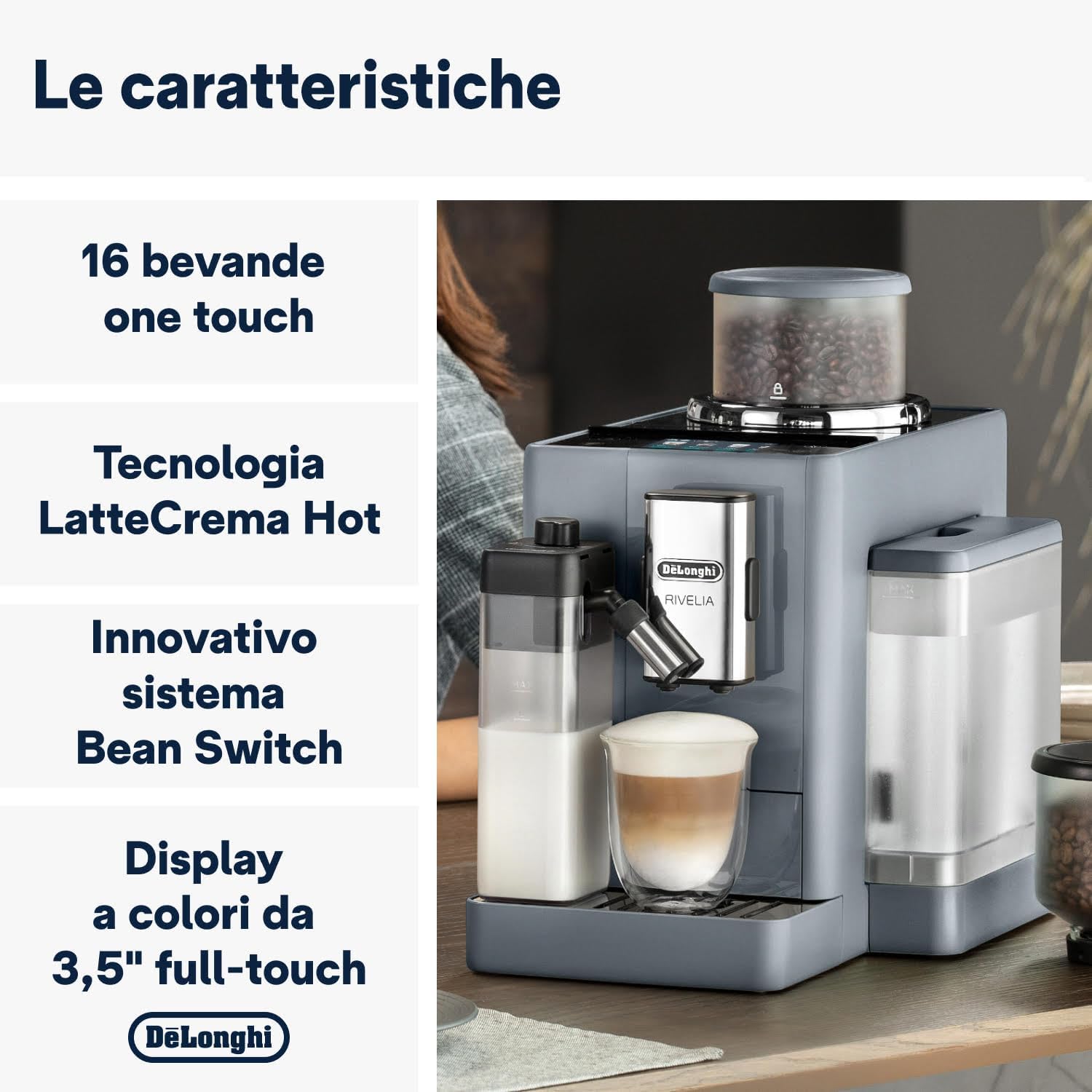 De'Longhi Rivelia EXAM440.55.G, superautomatyczny ekspres do kawy z LatteCrema Hot, automatyczny spieniacz do mleka, kompaktowy rozmiar, 16 przepisów, kolorowy ekran dotykowy, szary