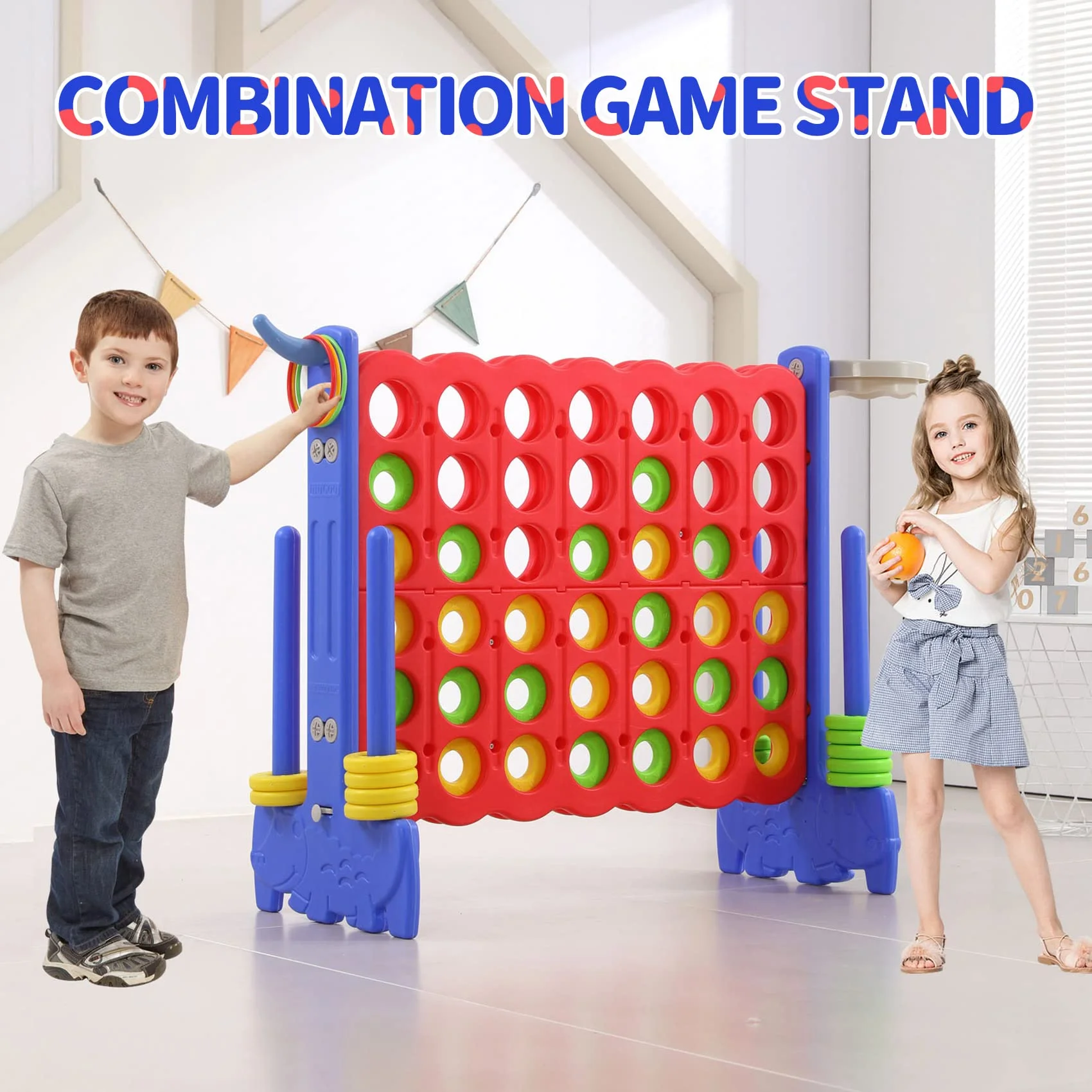 UNICOO® 3-in-1 Giant 4 in A Row Game, Featuring Basketball Hoop, Ring Toss Game & 4-to-Score Game. Perfect for Kids & Adults, Parties & Gatherings with Carrying Bag (Red + Blue)