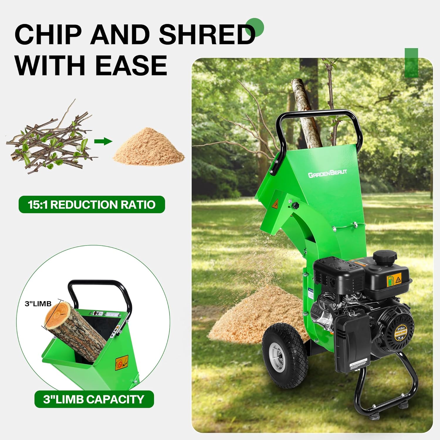 S3 Benzin Häcksler, 7 PS 212 CCM 4-Takt Benzinmotor, max. 76 mm Aststärke, Holz Häcksler Gartenhäcksler