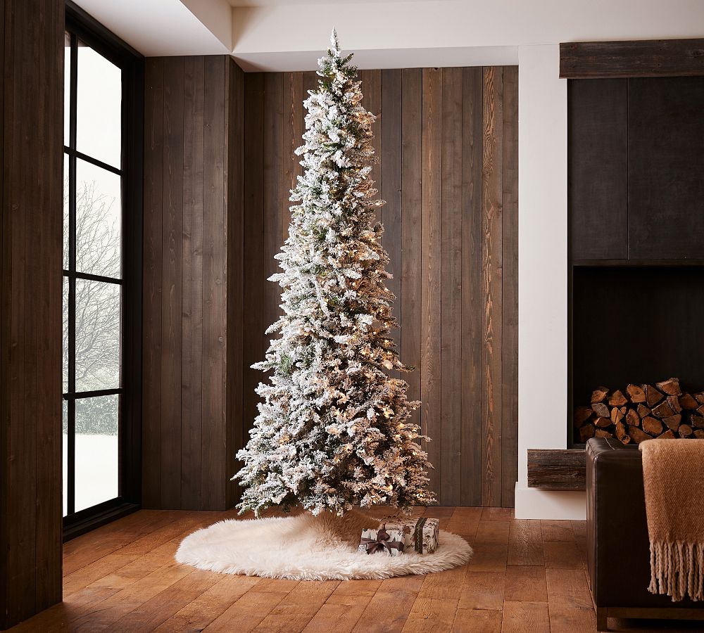 Flocked Pencil Pine Faux Christmas Tree &ndash; Pre Lit, Realistic PVC Foliage, Indoor Use, Flame Resistant
