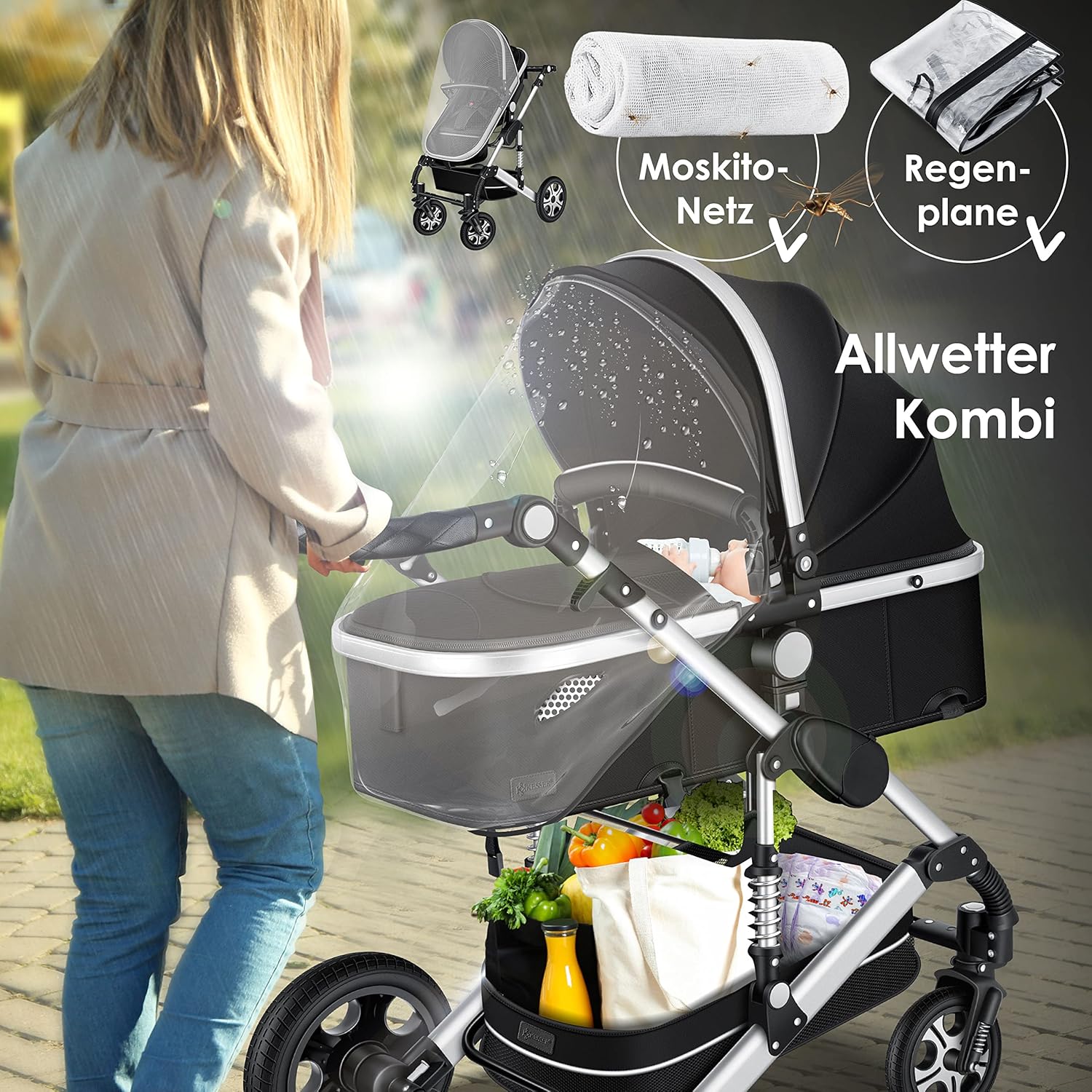 KESSER® Loops 3 in 1 Kinderwagen Kombikinderwagen Komplett-Set inkl. Babywanne & Buggy Sportsitz & Auto-Babyschale Voll-Gummireifen Wickeltasche Regenschutz Kindertisch ECE R129, Schwarz/Schwarz