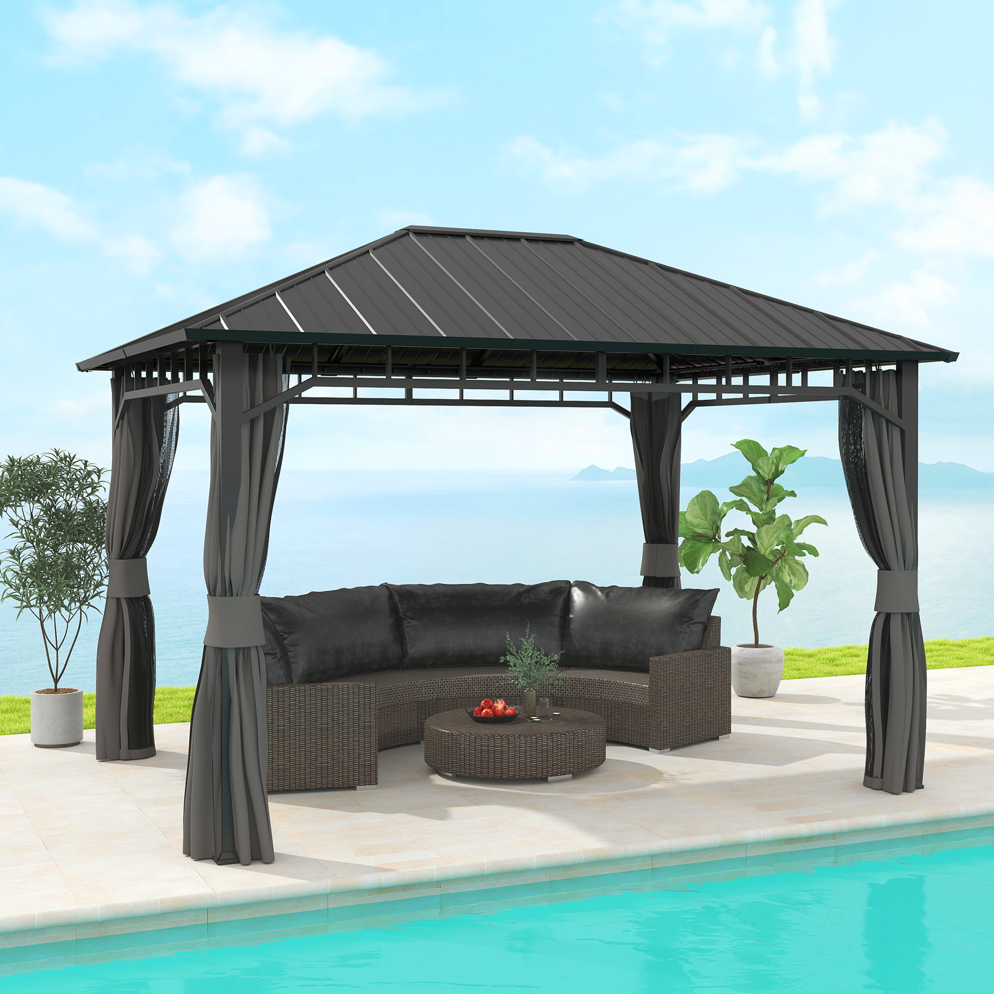 Outsunny Tuinpaviljoen, Metalen Paviljoen, Waterdicht, UV-bestendig, Terraspaviljoen met Netwanden en Gordijnen, Donkergrijs
