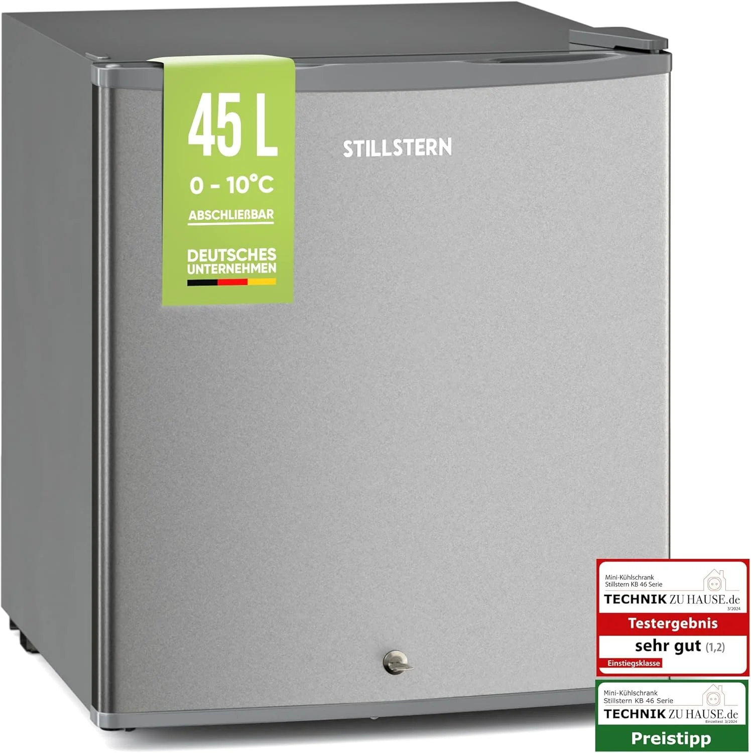 Stillstern minikoelkast E 45L met automatische ontdooiing, slot, vriesvak, stil, ideaal voor keuken, kantoor, slaapkamer, hotels en kleine appartementen, kleine koelkast, minibar, drankenkoelkast