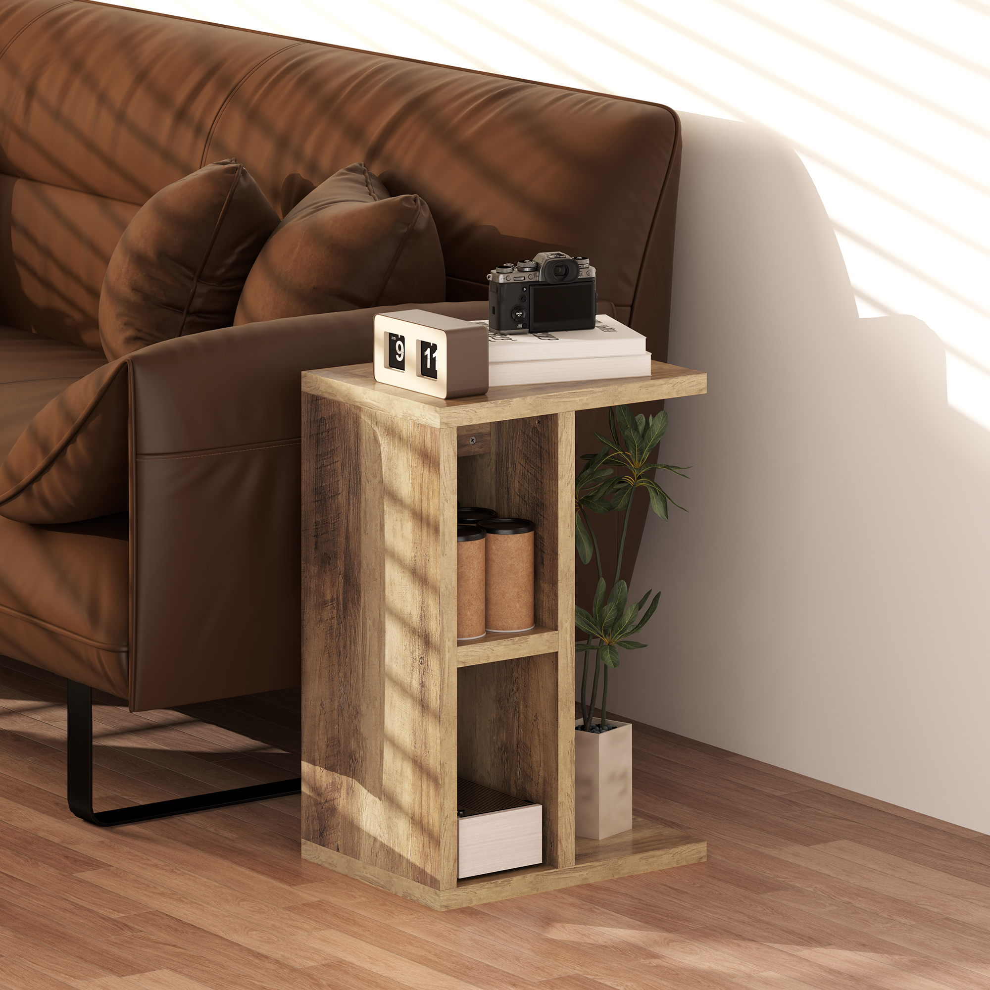 HOMCOM C-förmiger Couchtisch mit 3 Regalen und 2 offenen platzsparenden Fächern, 40x30x60 cm, Braun