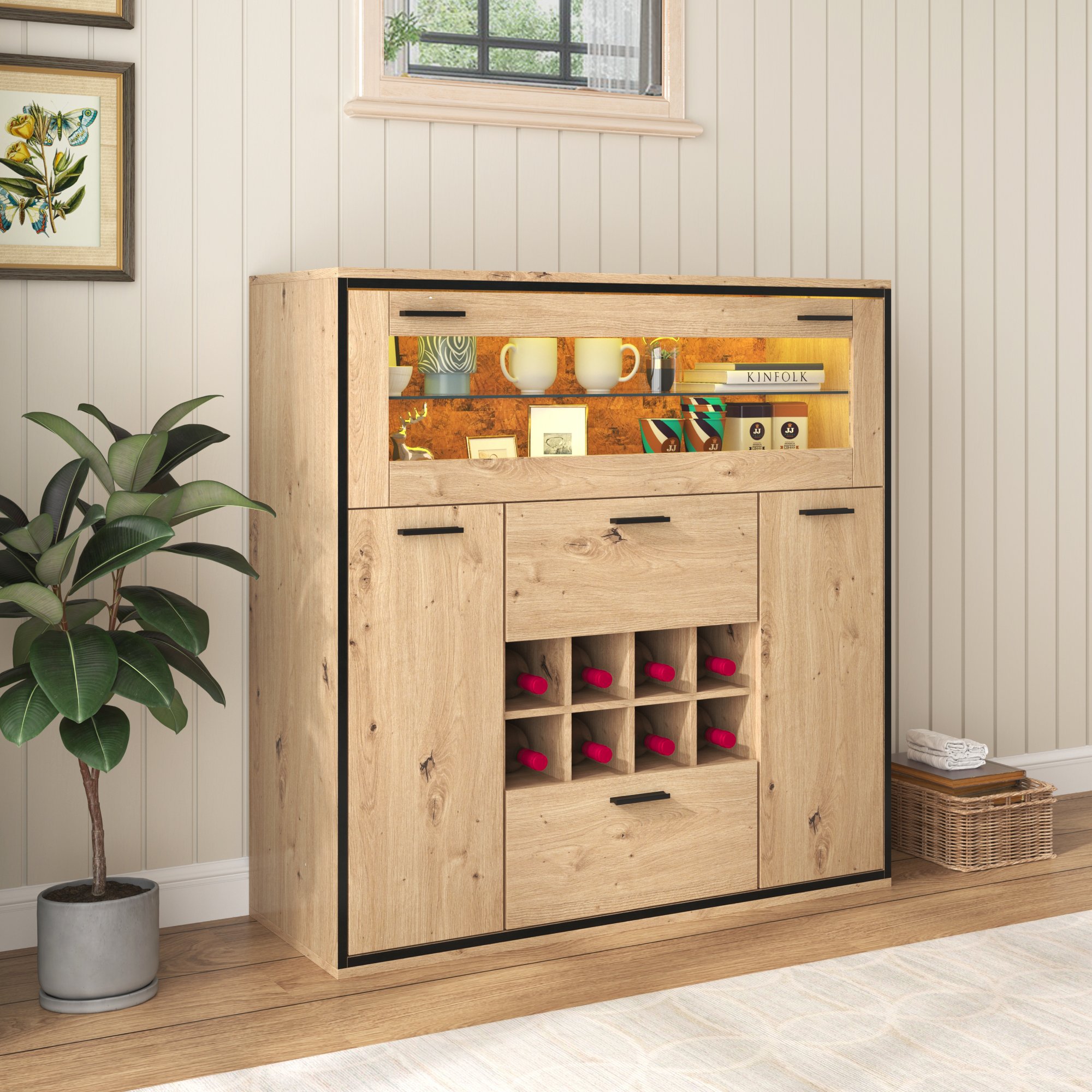 Anrichte Weinschrank 110x38x111 cm mit Glasregal und LED-Beleuchtung, Stilvolle Aufbewahrung für Party und Familienzusammenkünfte in Holzfarbe und Schwarz